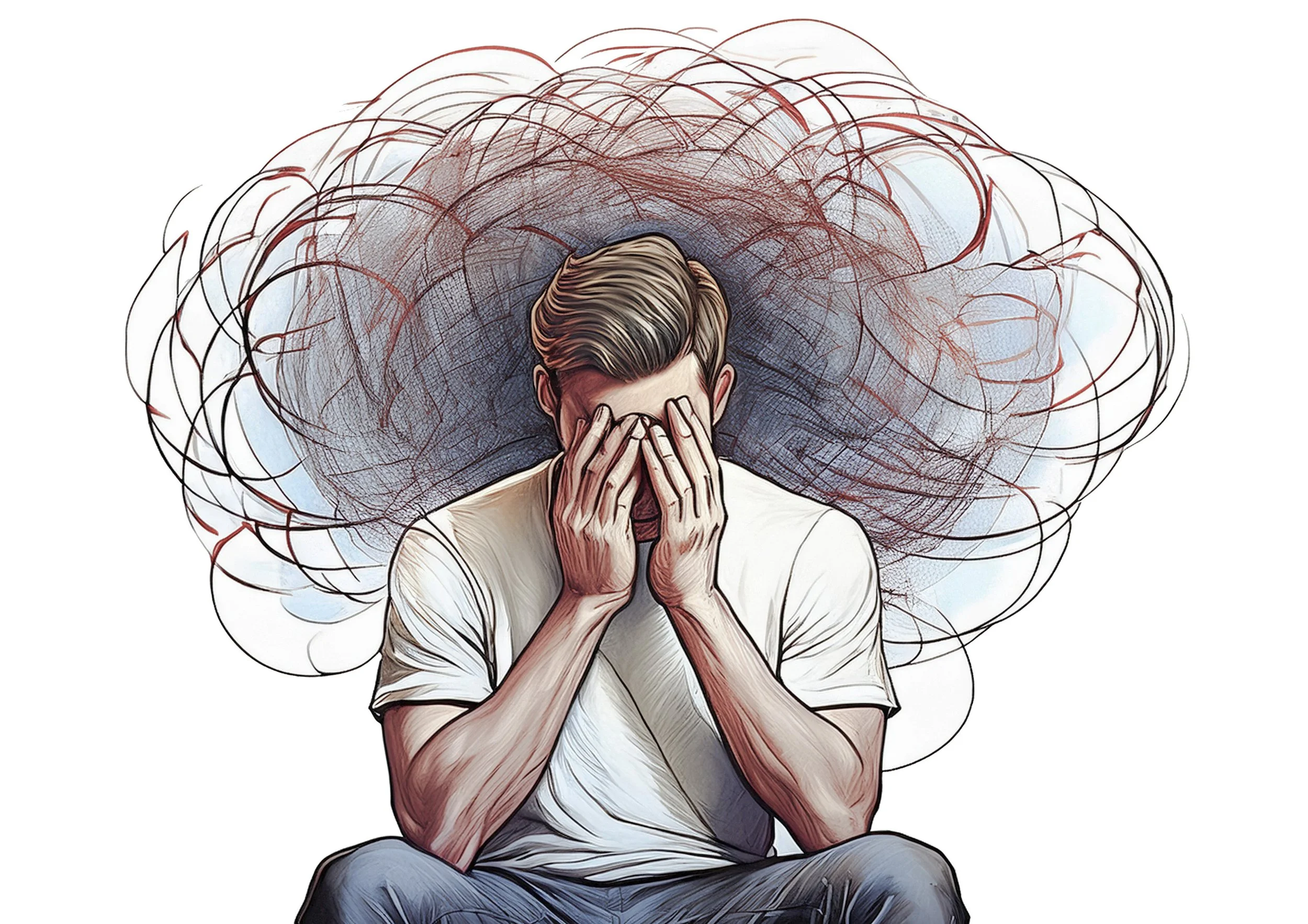Figura masculina sentada con la cabeza entre las manos rodeada de pensamientos e imágenes dispersas, representando cómo la Imaginación no regulada atrapa la mente en preocupaciones y escenarios internos.