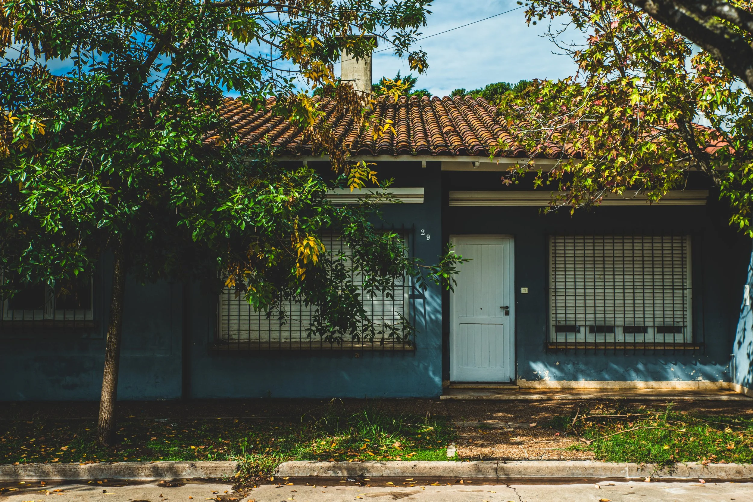 Frente de una casa azul de una planta con dos árboles de otoño a cada lado de la puerta, representando la tristeza profunda que persiste más allá de un mal momento pasajero.