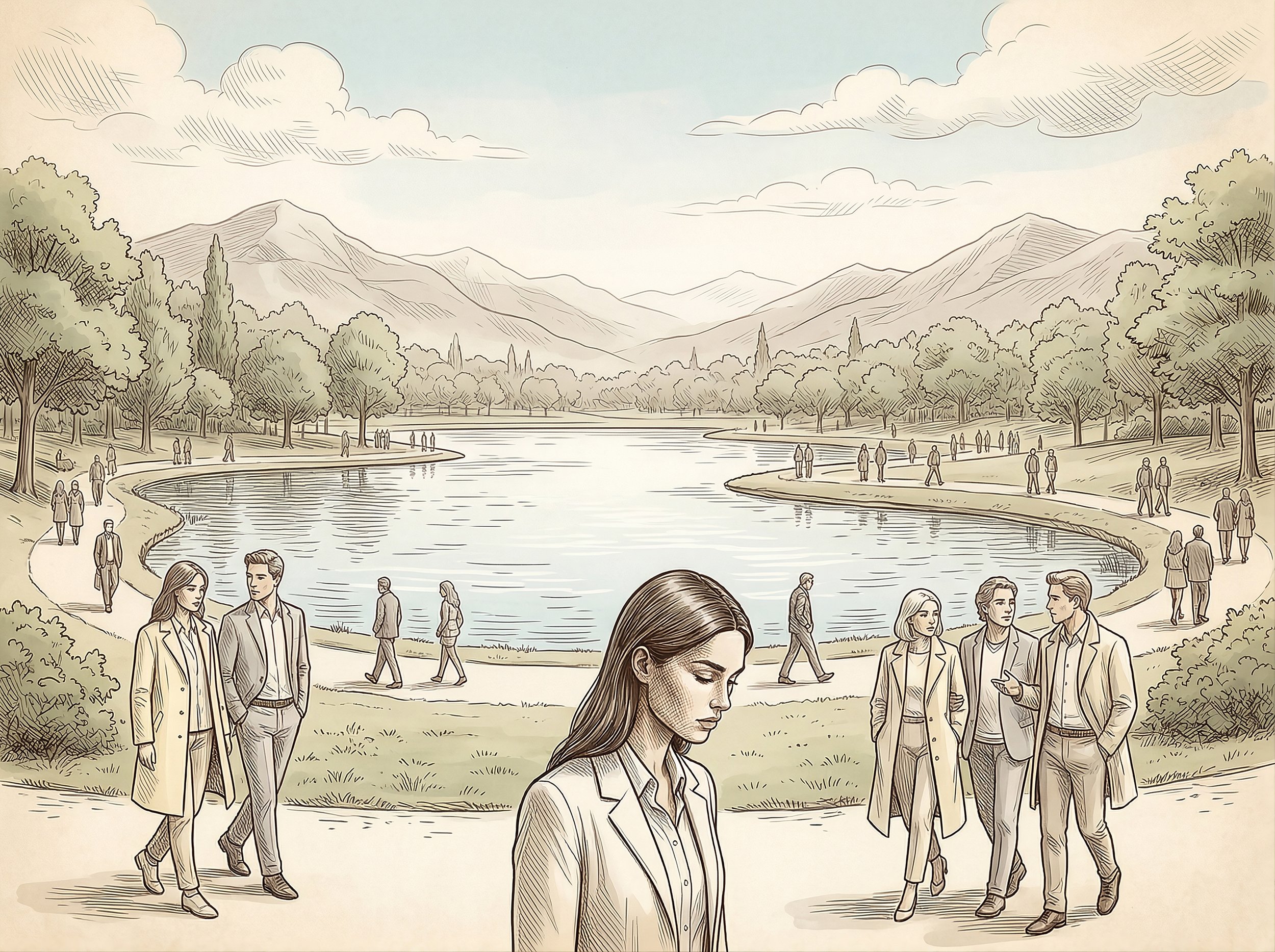 Ilustración de un parque con lago y personas caminando absortas en sus pensamientos, representando los tres desafíos psicológicos — las Emociones Negativas, la Imaginación y la Identificación.