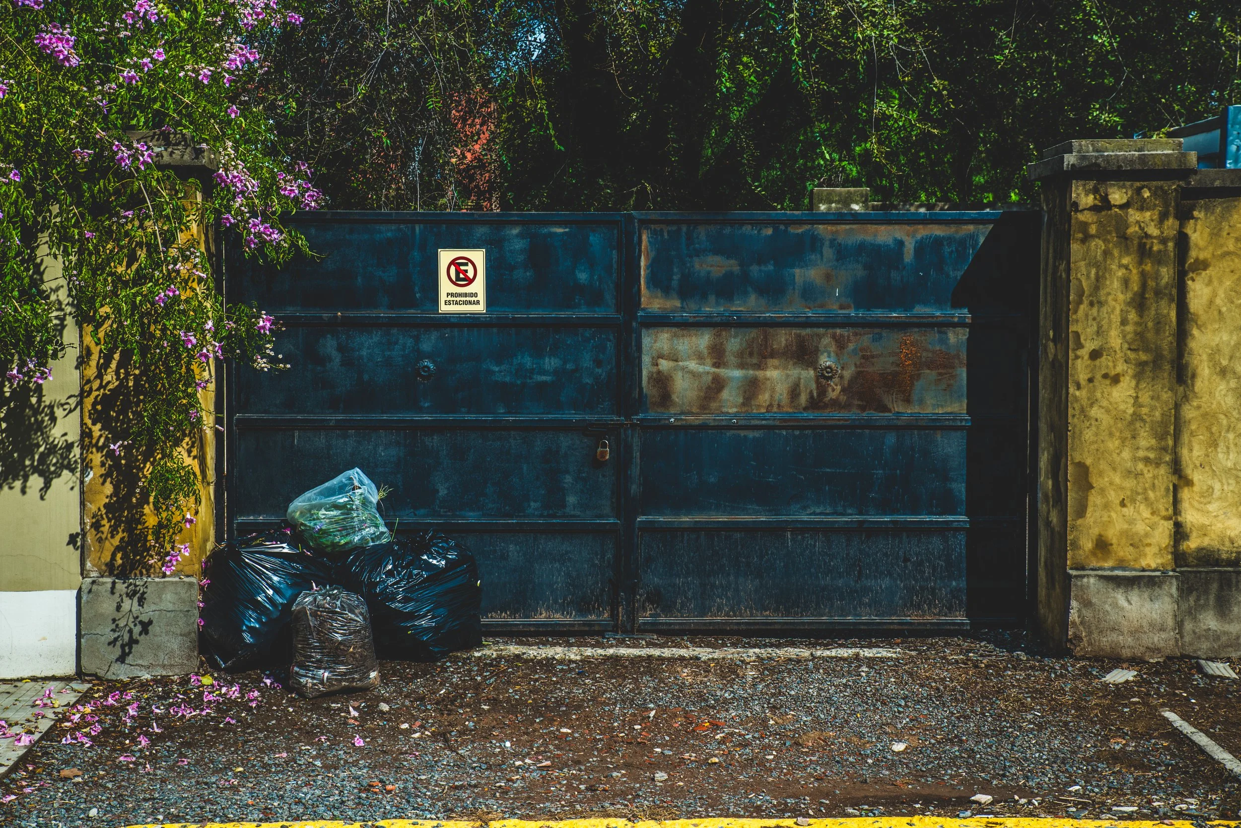Reja metálica cubierta de plantas con bolsas de residuos acumuladas en un rincón, representando la acumulación silenciosa de pequeñas tensiones que generan ansiedad sin motivo aparente.