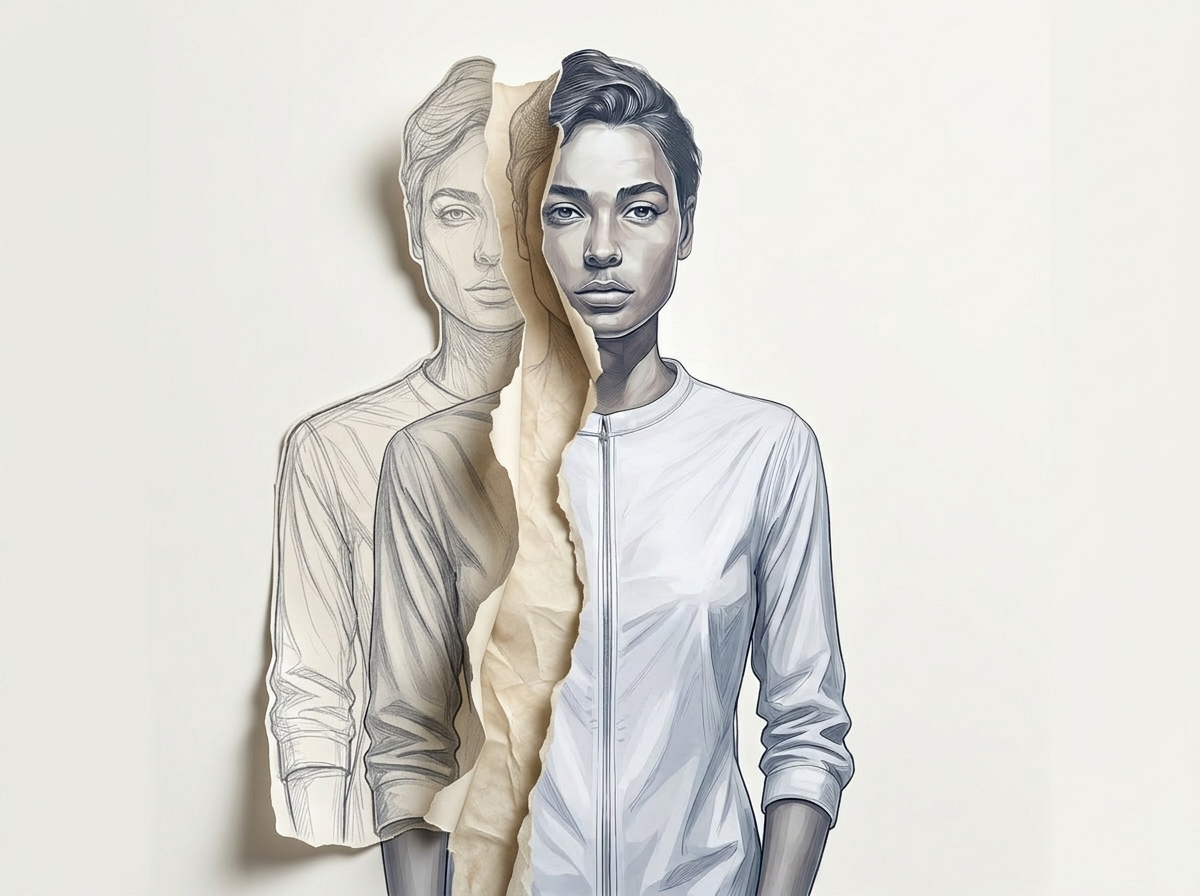 Retrato femenino con la mitad del cuerpo rasgada como papel revelando otra versión de sí misma en blanco y negro, representando la Desidentificación como el proceso de separarse de los propios pensamientos, emociones y reacciones.