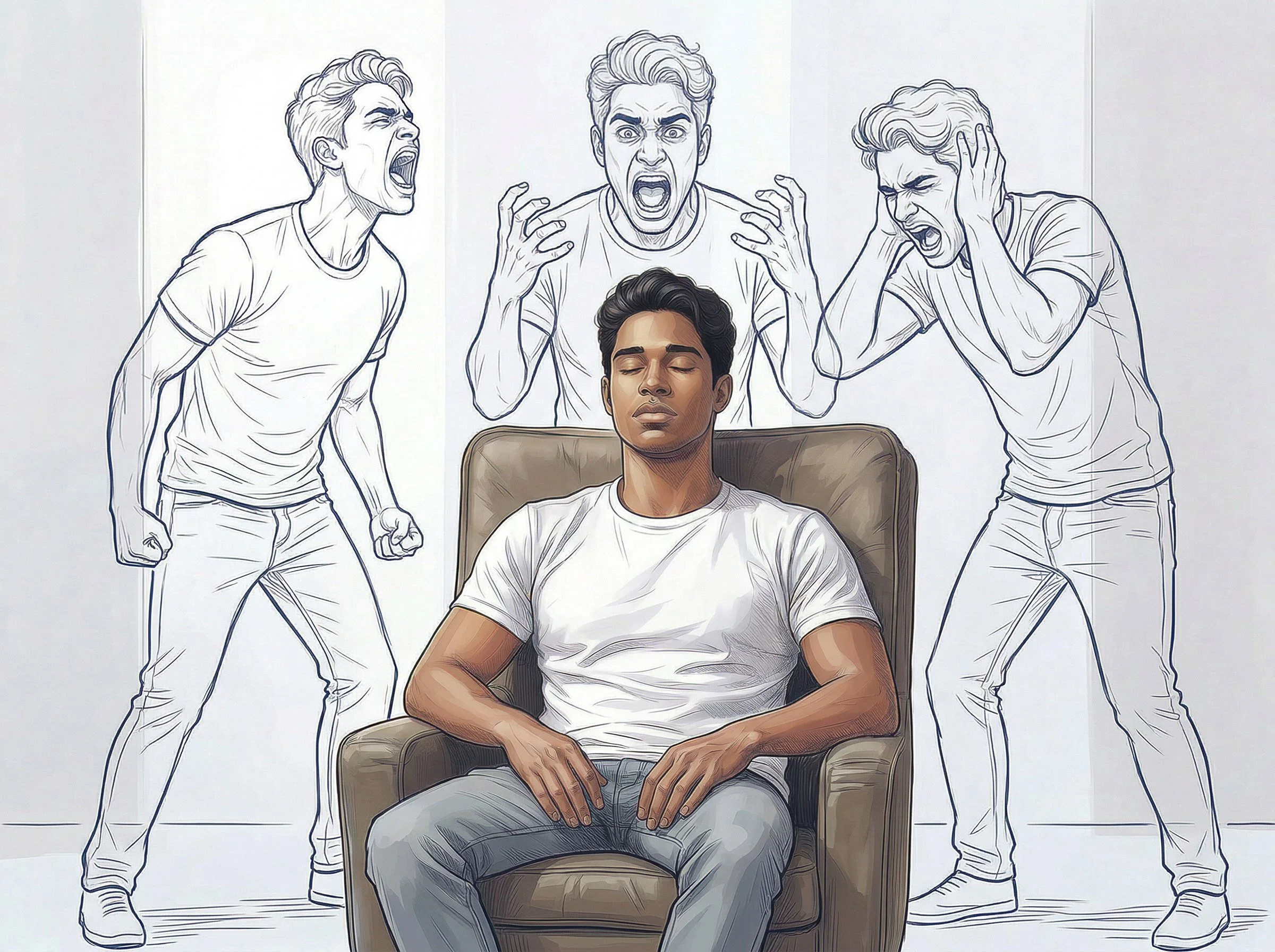 Hombre sereno en un sillón con ojos cerrados mientras réplicas de sí mismo gritando aparecen detrás de él difuminadas, representando la No-Expresión de Emociones Negativas como herramienta para convivir con la negatividad sin alimentarla.