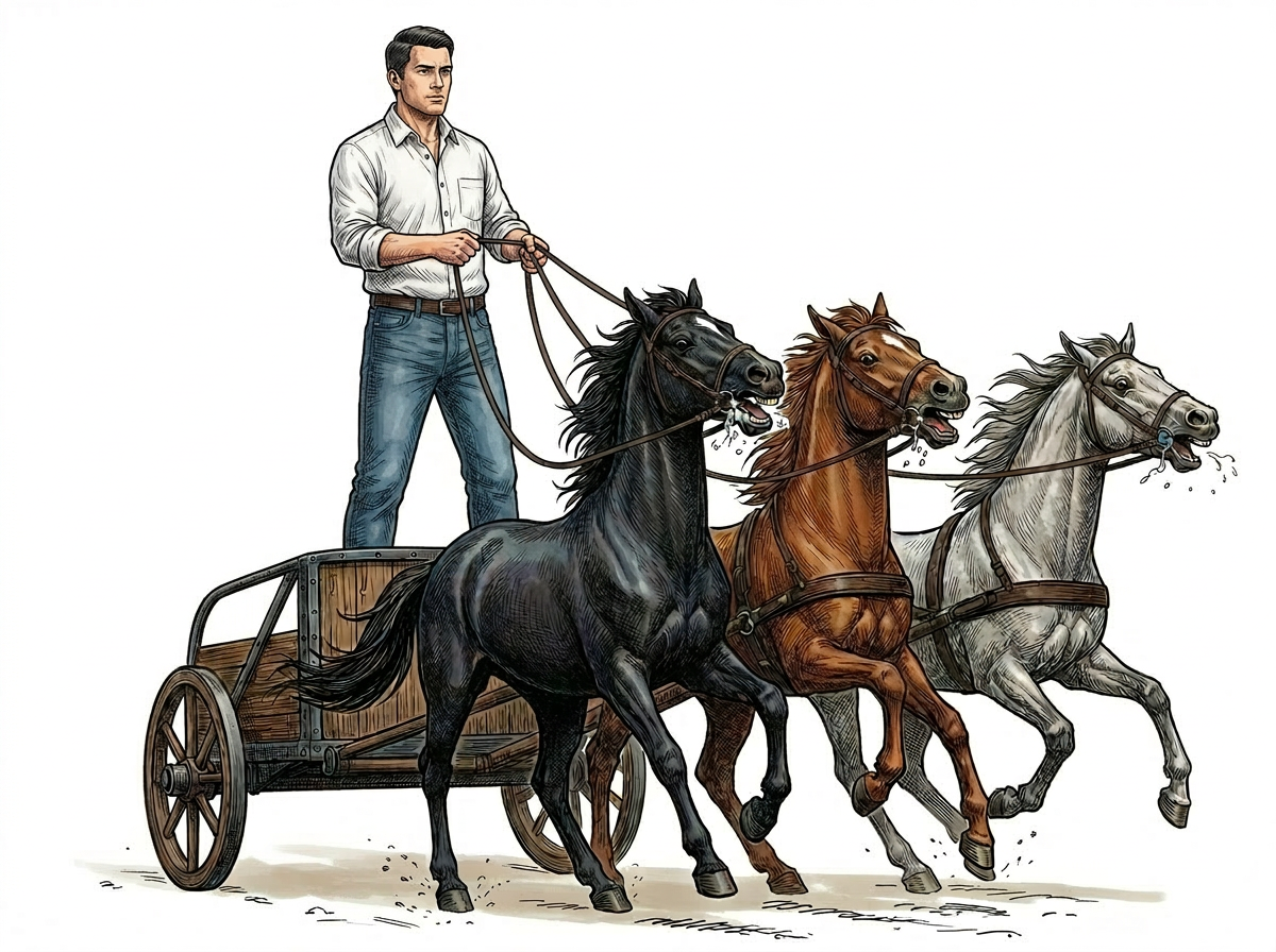 Figura masculina sentada en una silla siendo jalada por tres caballos de distintos colores, representando la Gobernanza como la capacidad de guiar las fuerzas psicológicas internas sin suprimirlas.