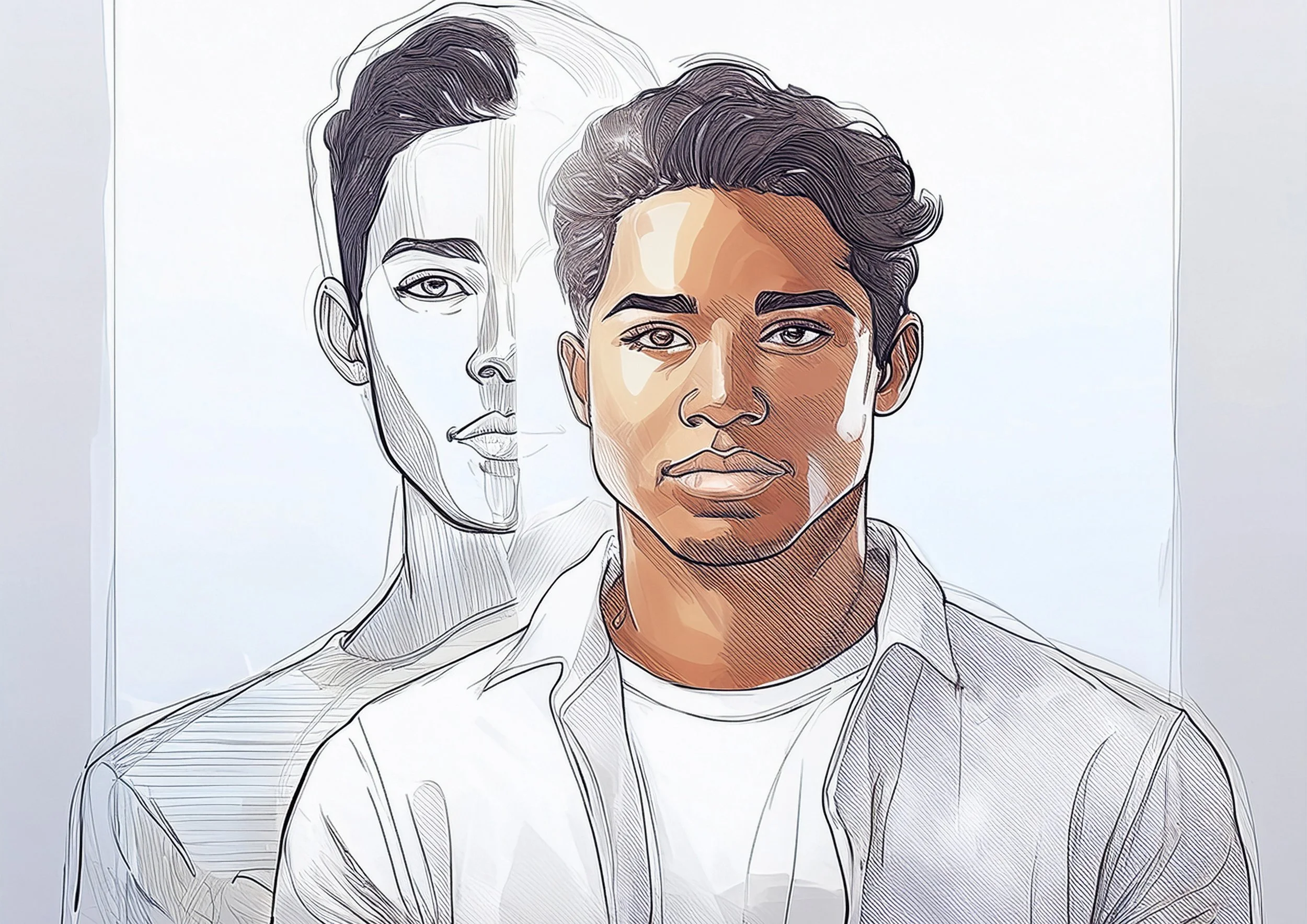 Retrato de un hombre con una réplica de sí mismo desvaneciéndose detrás, representando la Identificación y la ilusión de ser nuestros propios pensamientos, emociones y reacciones.