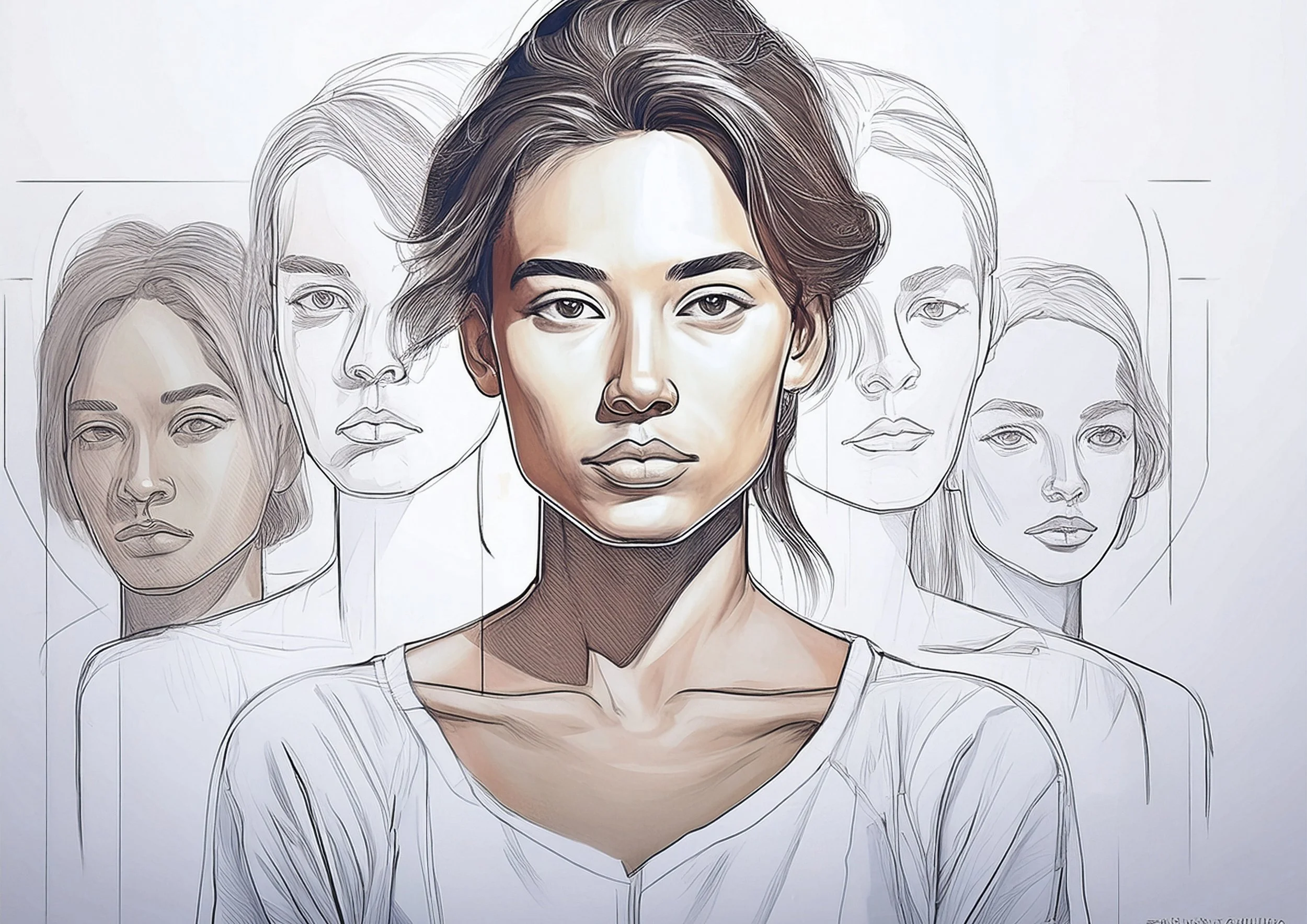 Retrato de una mujer con bocetos de sí misma detrás, representando cómo la Personalidad se construye a través de comportamientos aprendidos y repetidos a lo largo de la vida.