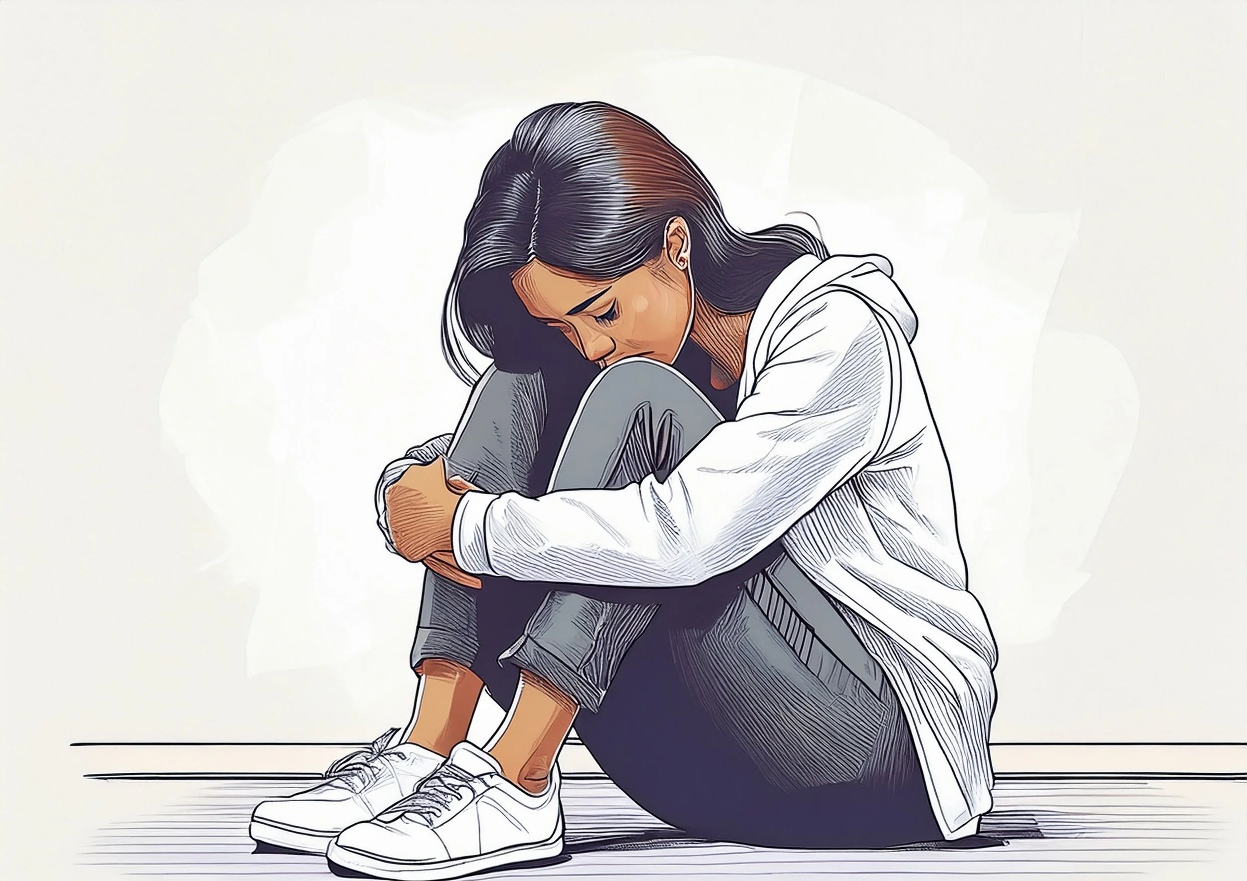 Figura femenina sentada en un rincón con las rodillas al pecho llorando, representando el impacto de las Emociones Negativas como primer desafío psicológico en Psicosomatología.