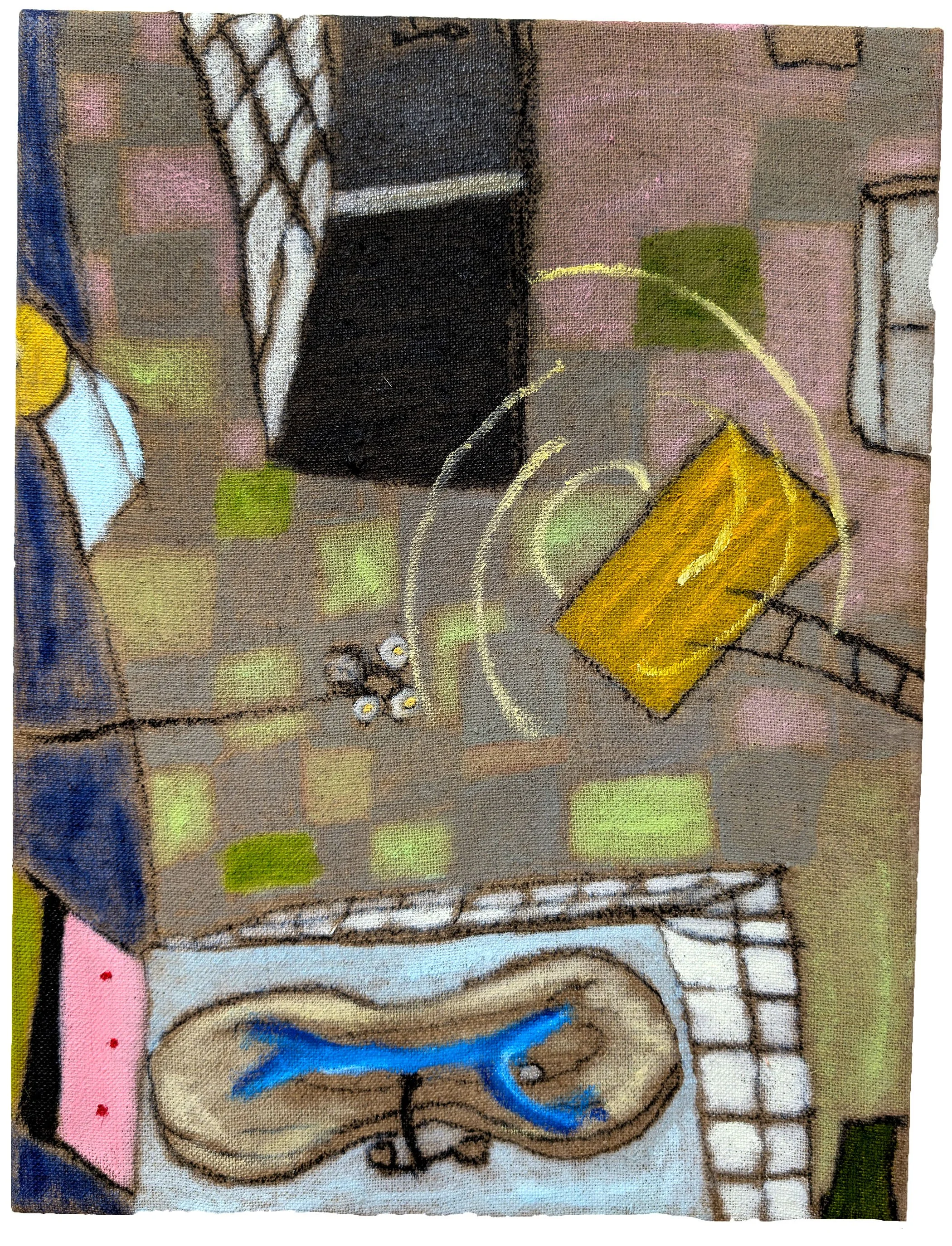 The bathroom.
Series: The construct of a building.
Oilpaint and charcoal on linnen, 2026