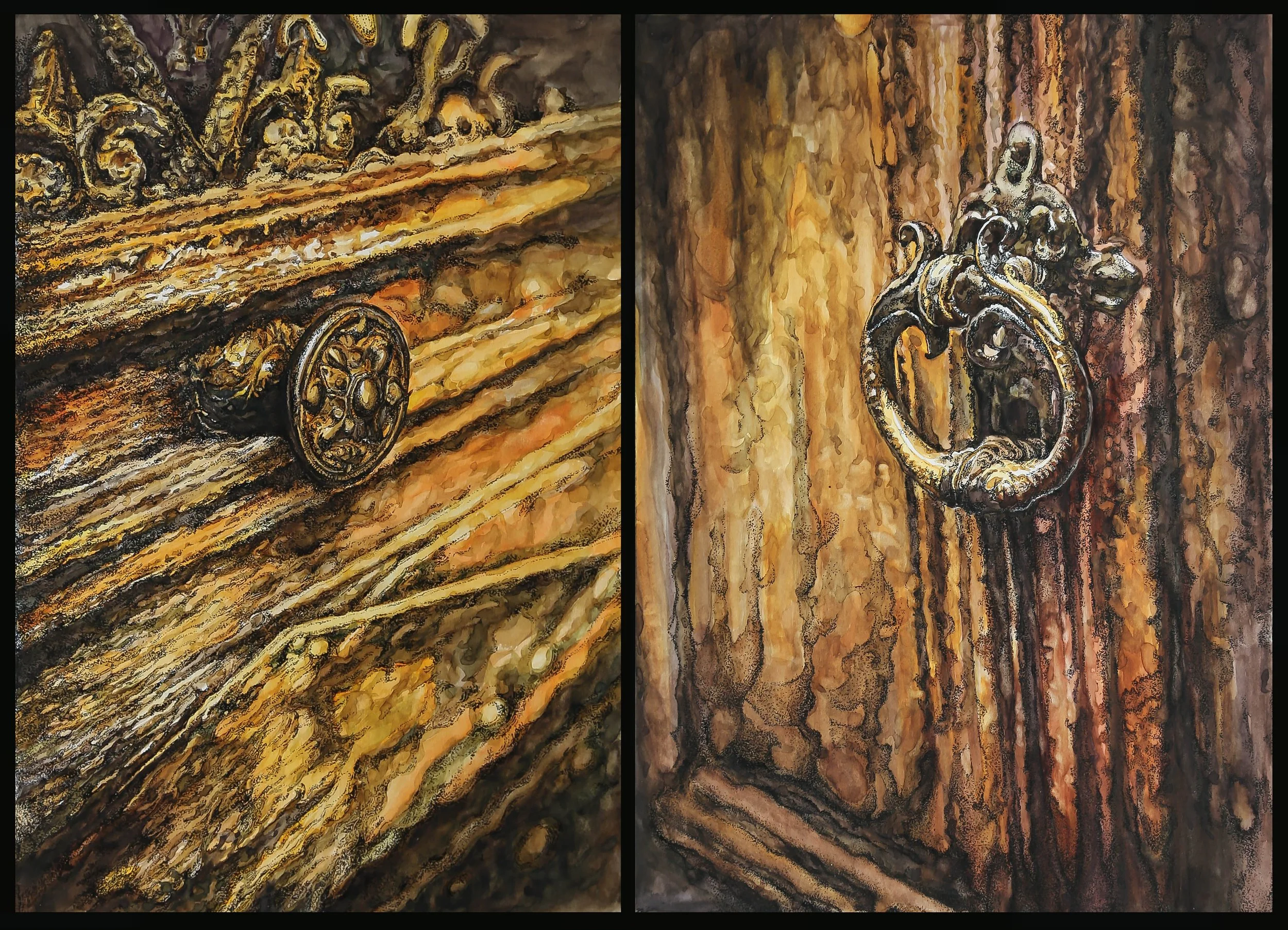 Timeless: A Diptych, 16" x 22" -- As I browsed through an antique store in the Blue Ridge Mountains, I was drawn to a drawer and wardrobe set, captivated by the exquisite woodwork and the intricate metal details. Learning that the piece was over 100
