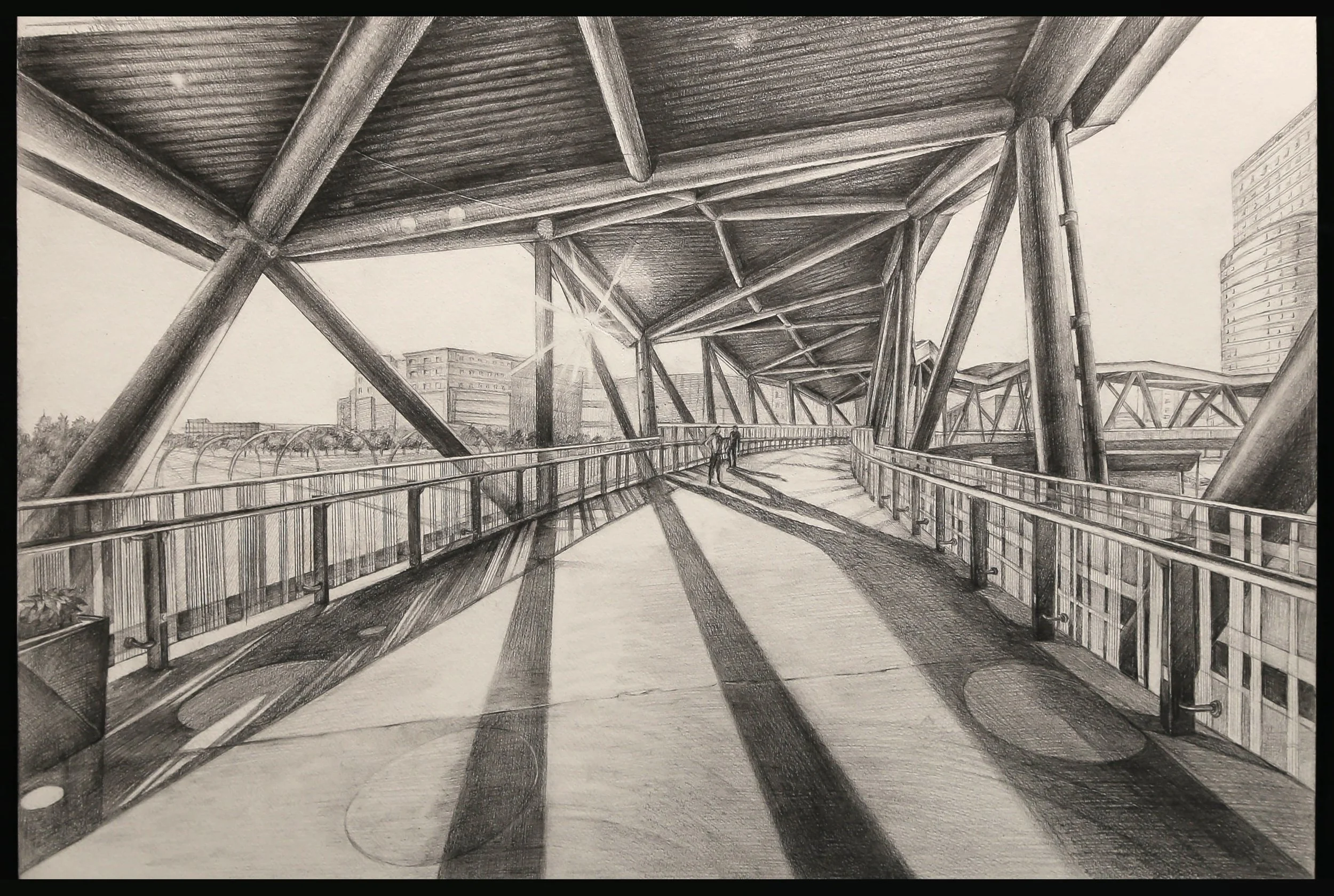 New Day's Beginning, 12.5" x 18.5" -- Visiting my grandma in the summers as a child, I ran around carefree with my cousins, chasing each other on the skybridge connected to her apartment complex. The long shadows are the imprints of those fleeting mo