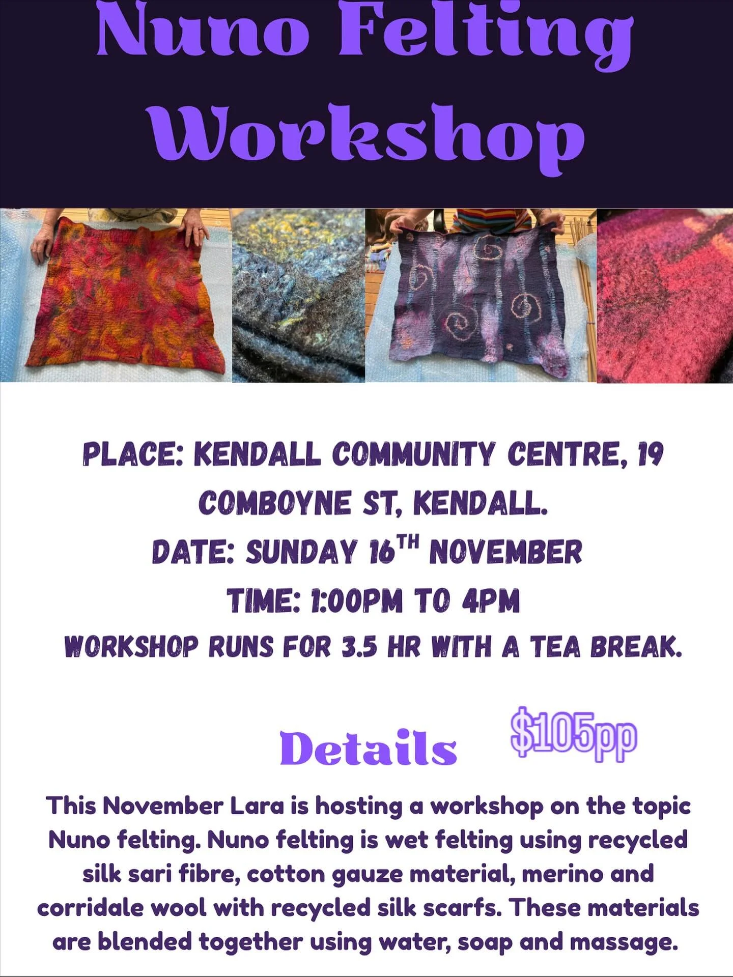 All applicants will make a square table Matt or wall hanging, or anything you desire close to this format. You will also receive tea coffee and snacks. The workshop will run for 3.5hrs and you will take home your felted product at the end. 

I will a