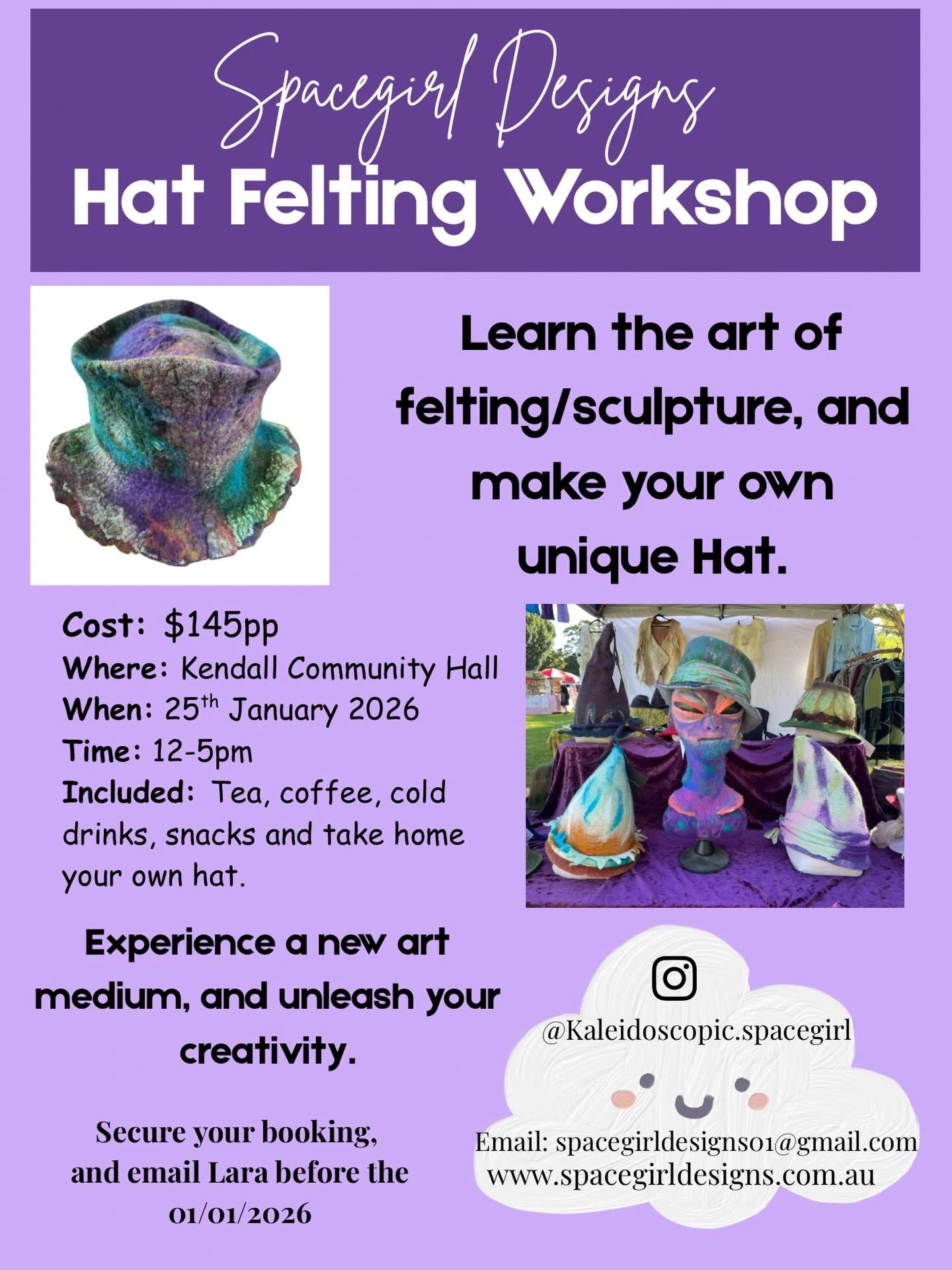 Book a workshop in January 2026, learn a new art or excel your skills in felting. I would love to have more attendees join in on the fun. 😄🤠🧢🎩👒