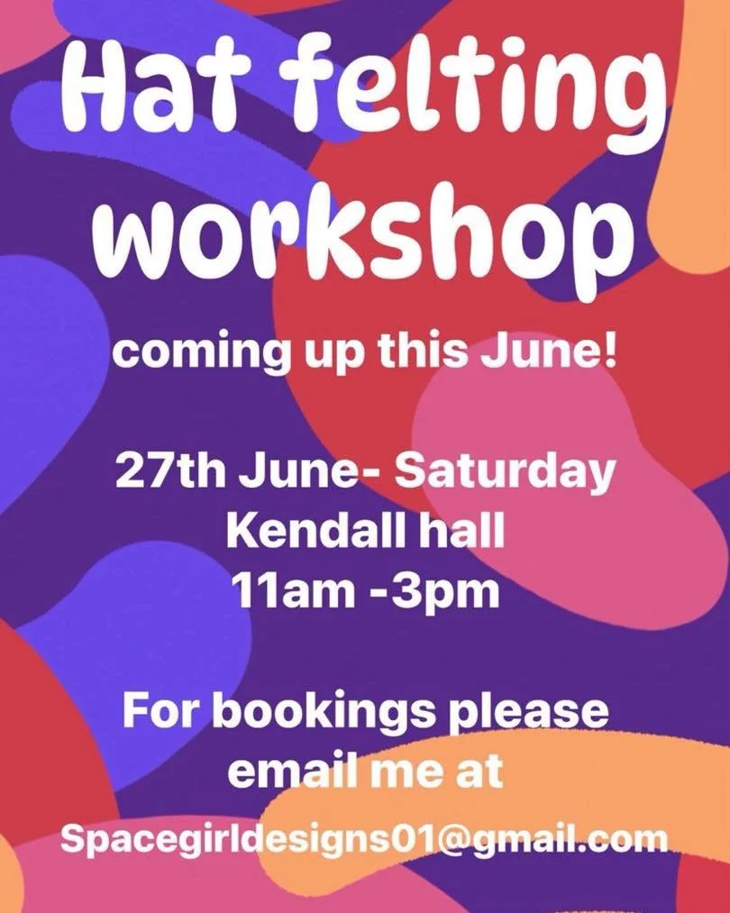 After a long 8 weeks I am back to holding workshops at the Kendall community hall. 

27/06 Saturday 
11am to 3pm
Hat felting 
Lunch and drinks included

Come along and learn the art of wet felting with an experienced artist/ felter.

You will be lead