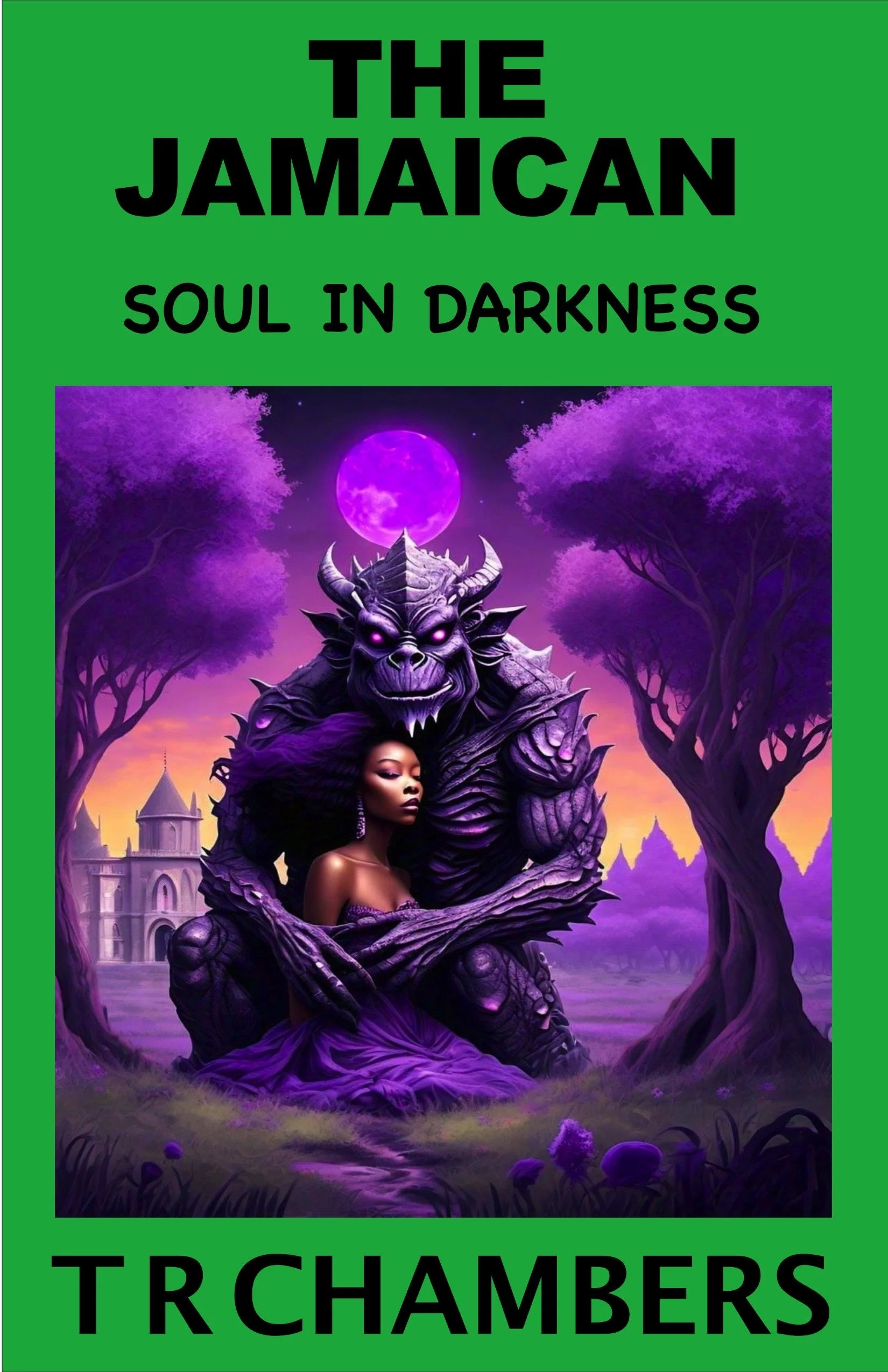 Book cover titled 'The Jamaican Soul in Darkness' with a purple fantasy scene featuring a woman in a purple dress in the embrace of a large purple creature with horns, set against a backdrop of purple trees, a full moon, and a castle in the distance.