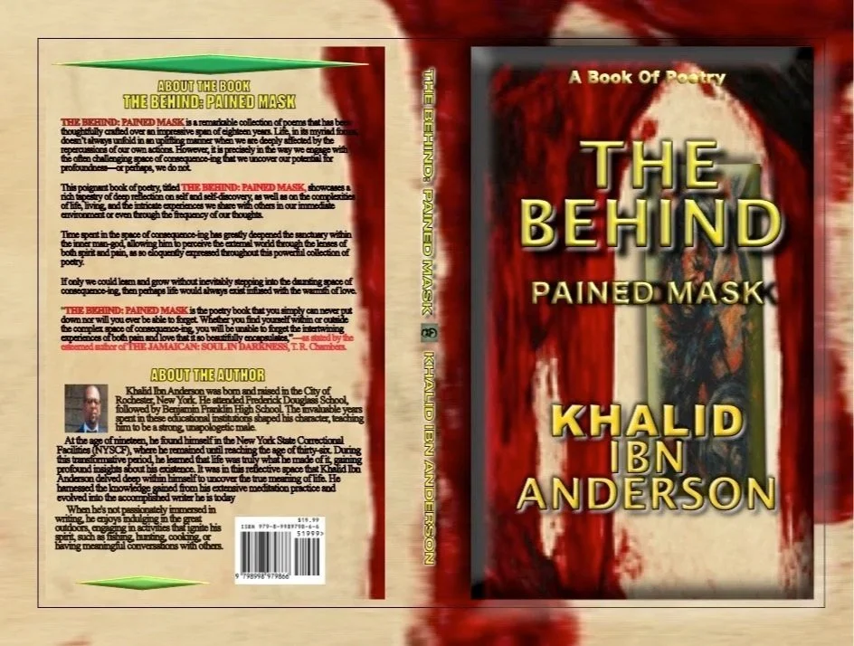 Book cover titled "The Behind Pained Mask" by Khalid Ibn Anderson, featuring a colorful abstract background with red, black, and yellow tones, and an image of a painted mask in the center.