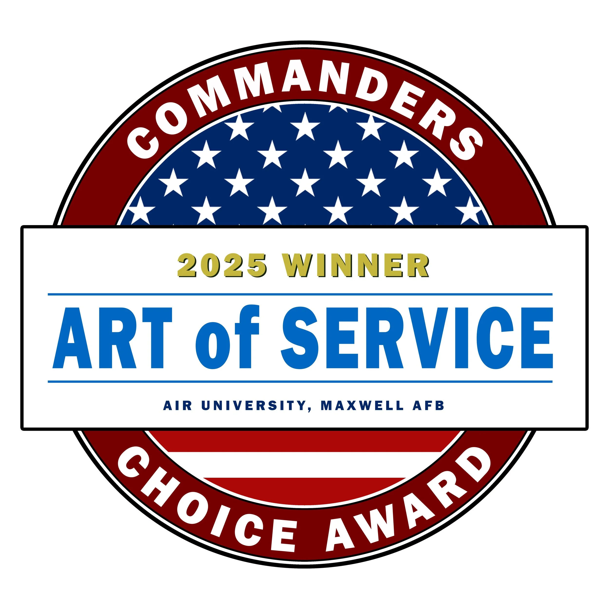 Award badge with red, white, and blue colors, featuring stars and the text '2025 WINNER ART of SERVICE' from Air University, Maxwell AFB, with the words 'COMMANDERS CHOICE AWARD' encircling the badge.