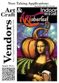 Advertisement for art and craft vendors and indoor art courses, featuring a painted pumpkin and a portrait of a woman, with bold text and QR code.