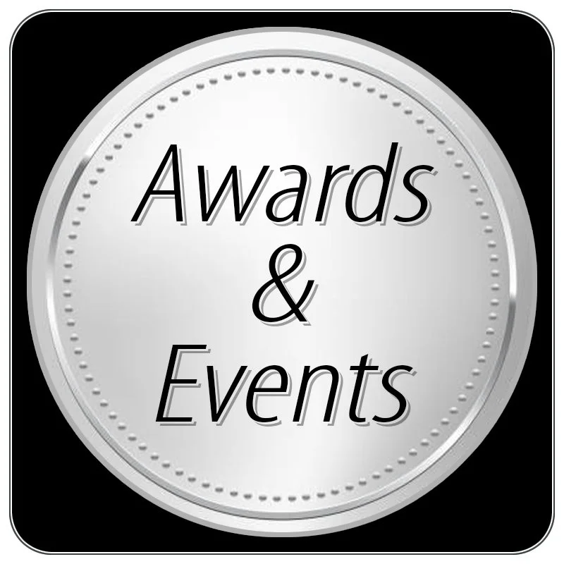 A digital badge or icon with a circular silver design and the text "Awards & Events" in bold black font in the center.