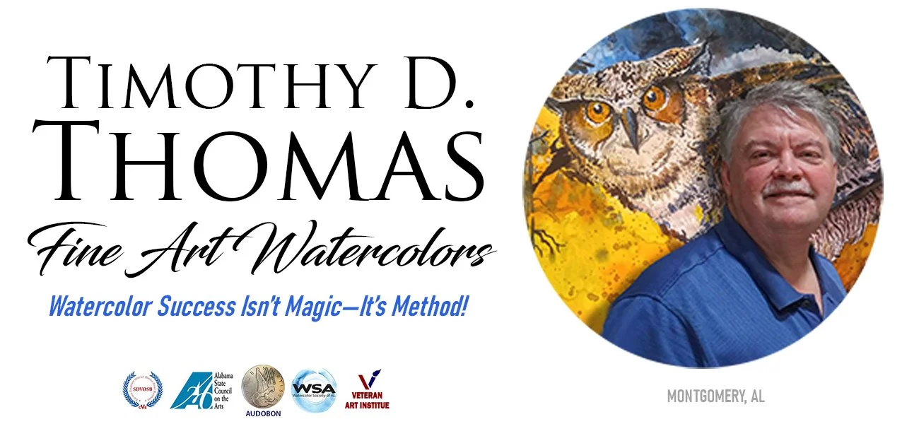 Promotional graphic for Timothy D. Thomas Flat Art Watercolors featuring a photo of Timothy D. Thomas with a background of a watercolor painting of an owl and mountains.