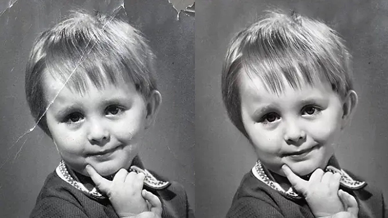 An old, torn black and white photo of a young boy, shown before and after being restored to its original glory, with vibrant details and clarity