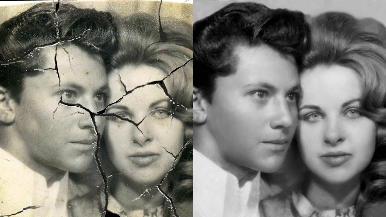 Torn photo of a man and woman from the 1950s, reassembled for restoration, next to the fully restored version, showcasing the transformation from damaged to vibrant