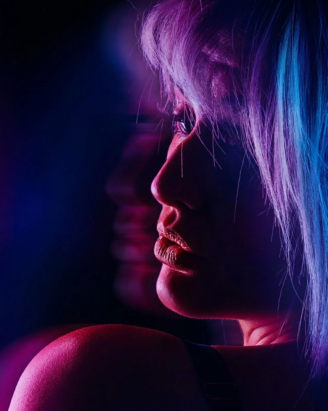 A close-up profile image of a woman with blonde hair illuminated by pink, purple, and blue neon lights, with her eyes closed and lips slightly parted.
