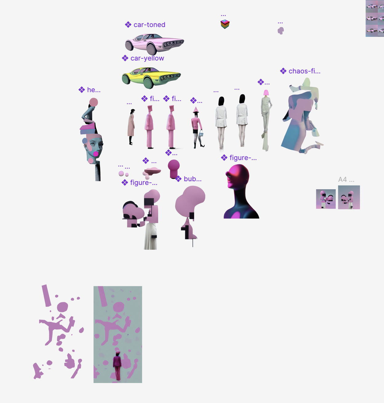 An abstract collage featuring stylized figures, cars, and blocks in pastel pink, purple, yellow, and grey colors, with text labels such as 'car-toned', 'car-yellow', and 'chaos-fi...'.
