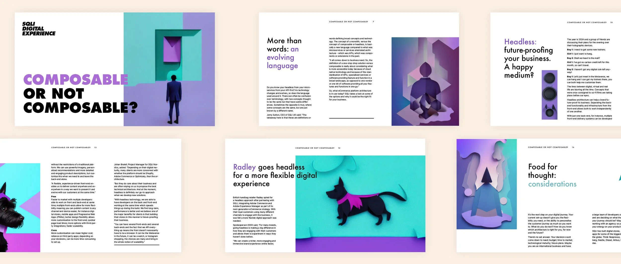 Digital brochure pages with abstract purple and blue 3D art, featuring text about technology, digital experience, and innovative architecture; includes a stylized dog and skull 3D models.