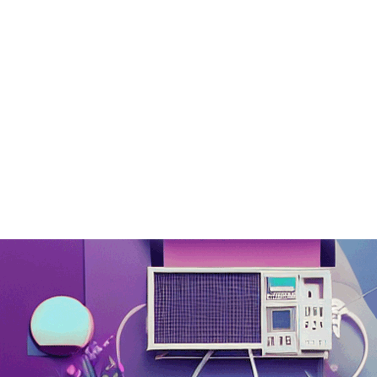 A vintage electronic device with a grid speaker and control buttons set against a purple background, accompanied by a spherical white lamp and various cords.