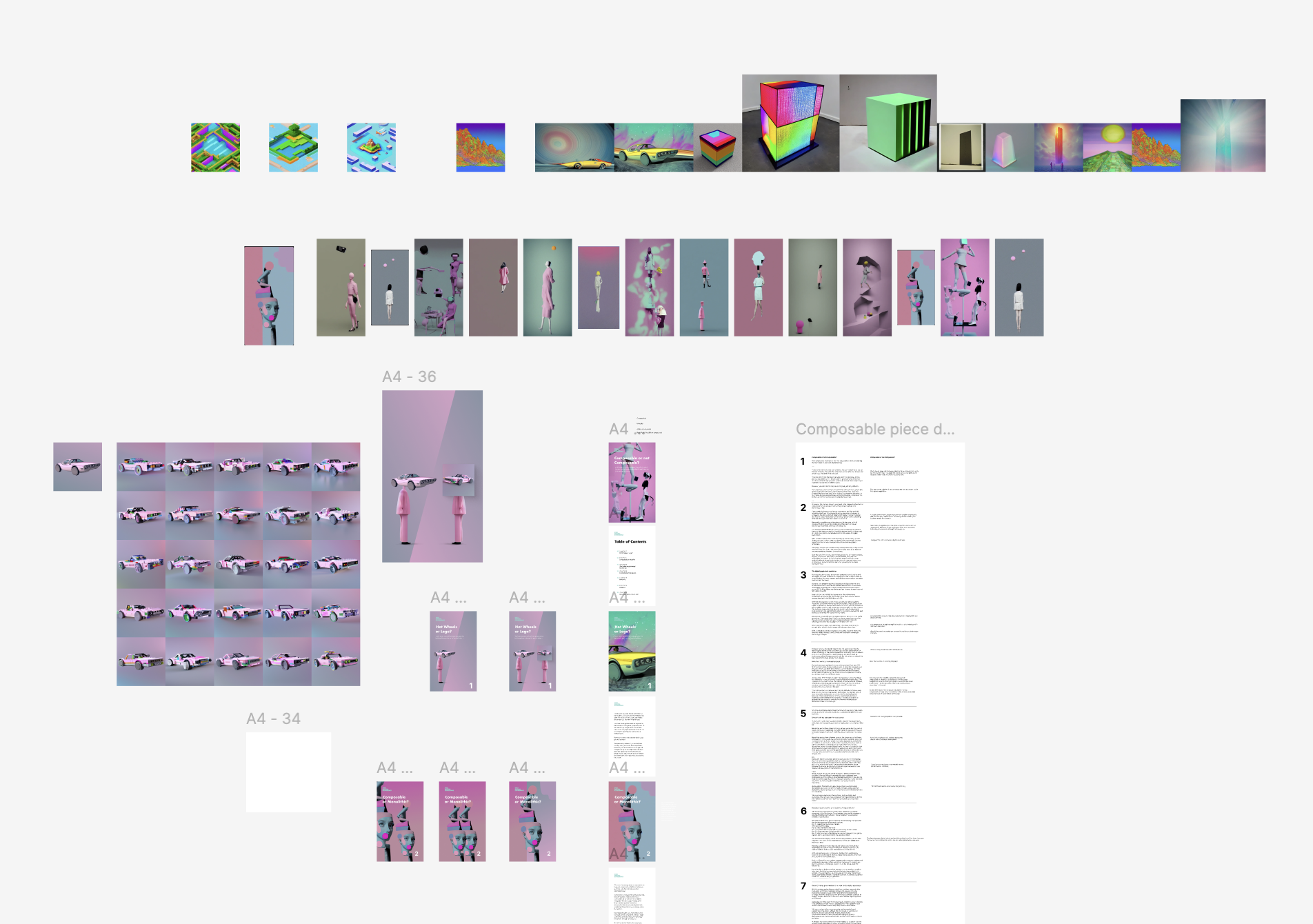 A collage of various digital and physical art pieces, including pixel art, 3D renderings, and printed documents featuring colorful cars, abstract designs, and human figures in different poses.