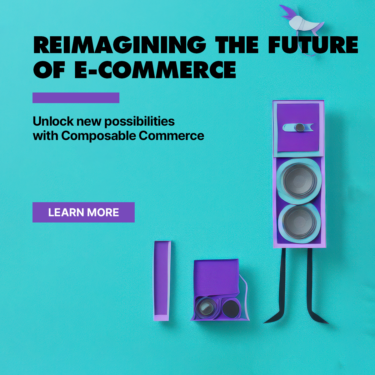 Digital advertisement for scalable e-commerce solutions featuring purple speakers, a bird-shaped kite, and a bright teal background with text promoting reimagining e-commerce with composable commerce.