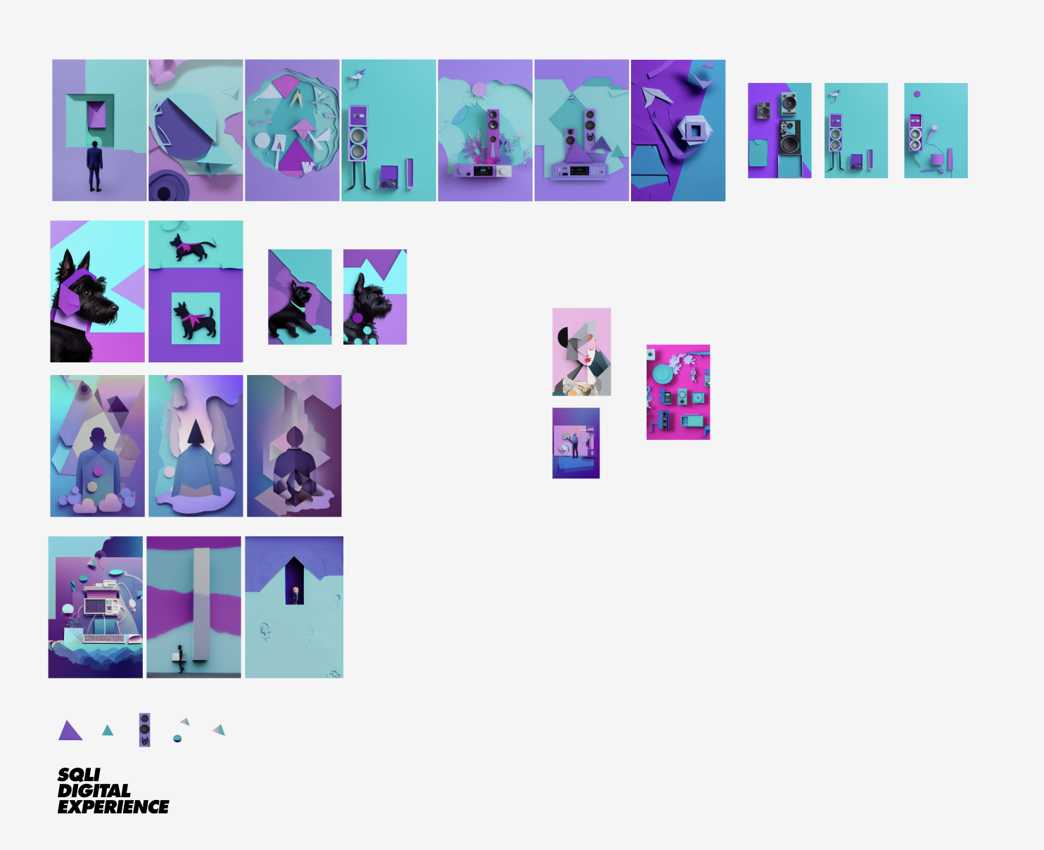 Abstract digital artwork with various geometric shapes, stylized human figures, animals, and electronic devices in shades of purple, blue, and teal. Contains a grid of images showcasing installations or digital representations, with the SOLI DIGITAL EXPERIENCE logo at the bottom left.