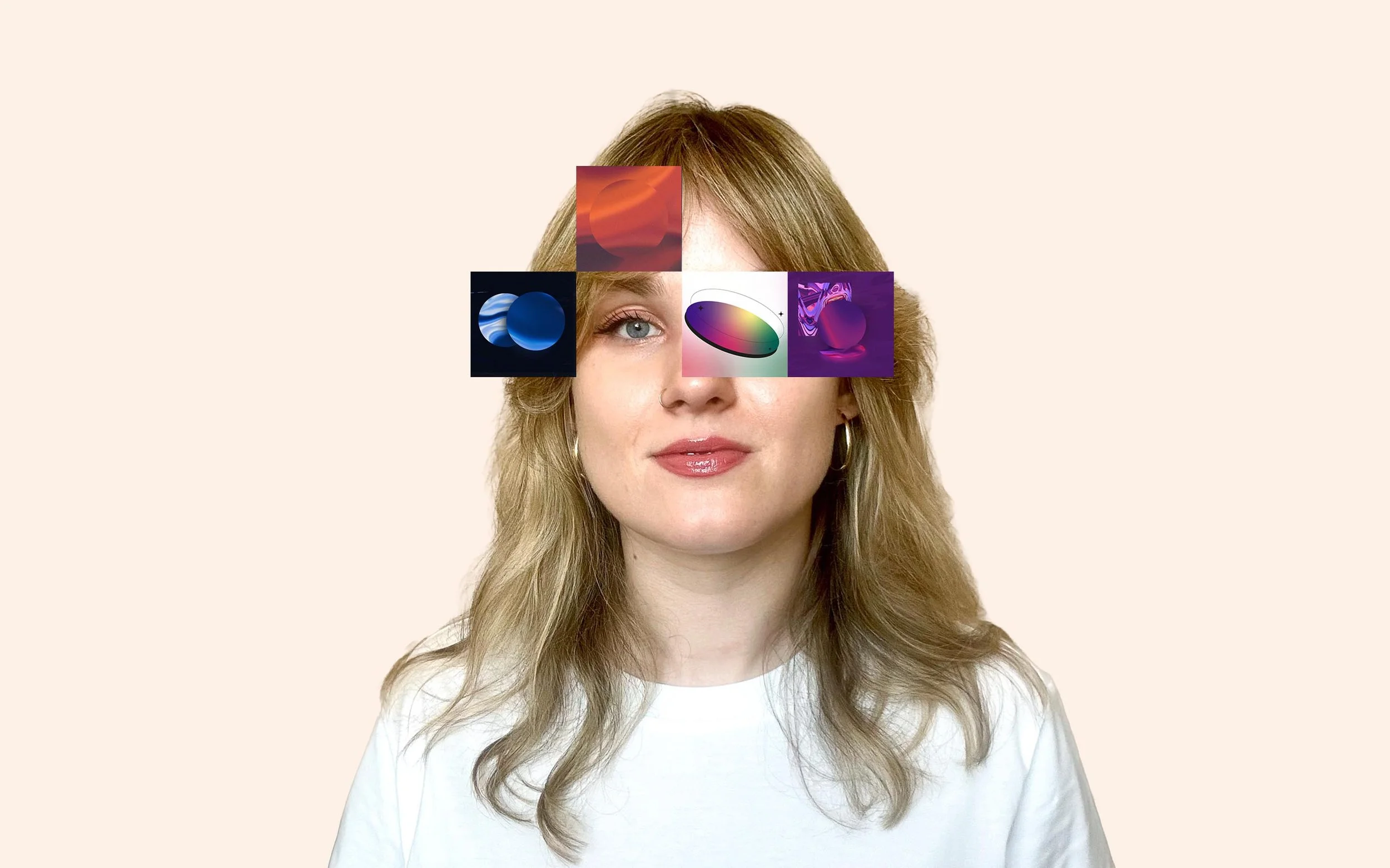 A woman with shoulder-length wavy blonde hair, light skin, and wearing a white shirt takes a selfie against a neutral background, with colorful digital graphics covering her eyes.