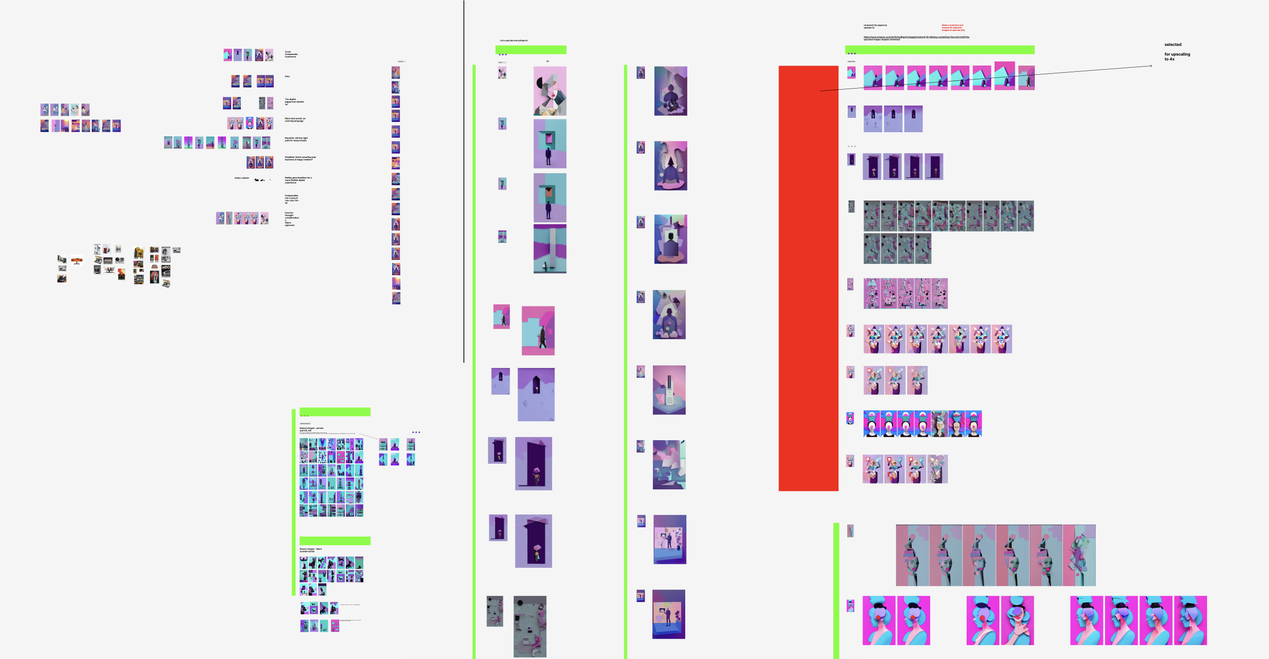 An infographic visualizing a digital art project creation process with multiple steps, colorful blocks, and illustrations of digital artwork, including pixel art and character design, accented with green, red, purple, pink, and blue colors.