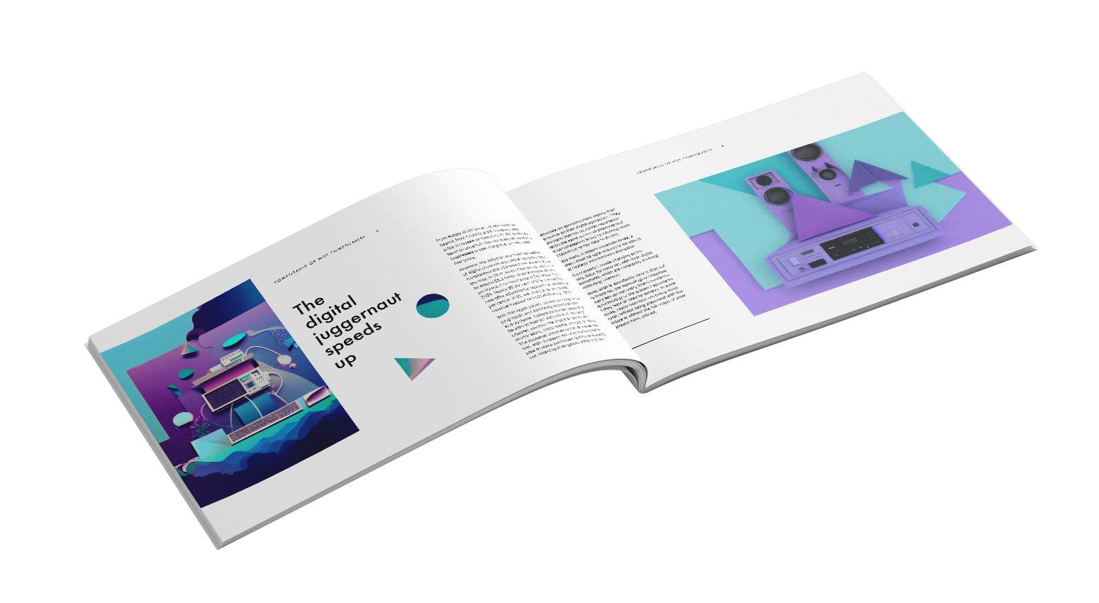 Open magazine spread showing digital technology illustrations, including speakers, a stereo system, and abstract shapes in purple and teal hues.