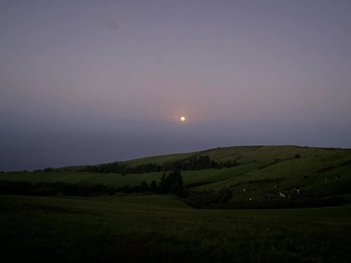 Full moon rise seen on the edge of the Sete Cidades crater at Miradouro Das Cumeeiras, only a 5 minute drive from Vila Pilar.