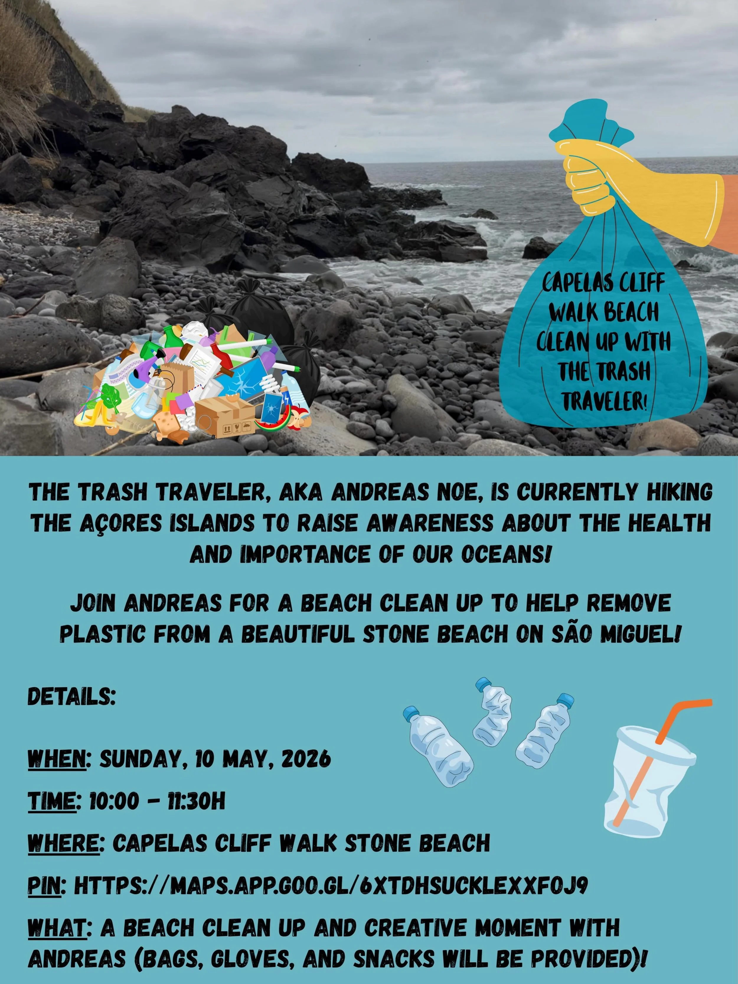 The Trash Traveler, aka Andreas Noe, is currently hiking the A&ccedil;ores Islands to raise awareness about the health and importance of our oceans!

Join Andreas for a beach clean up to help remove plastic from a beautiful stone beach on S&atilde;o 