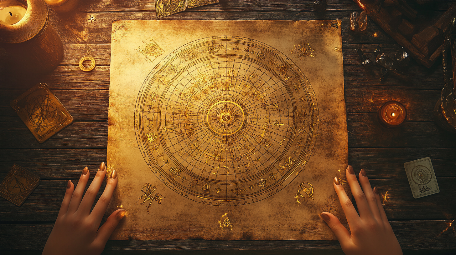 An Astrologer is holding an Astrological birth chart map with a zodiac wheel on it, illuminated by candles on a wooden table surrounded by esoteric and mystical items.