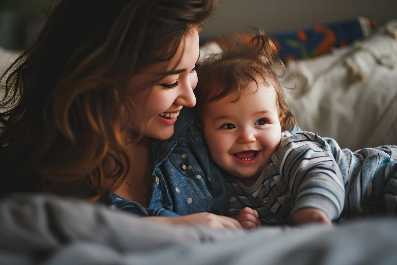 A woman and a young child lying on a bed, smiling and laughing together.
