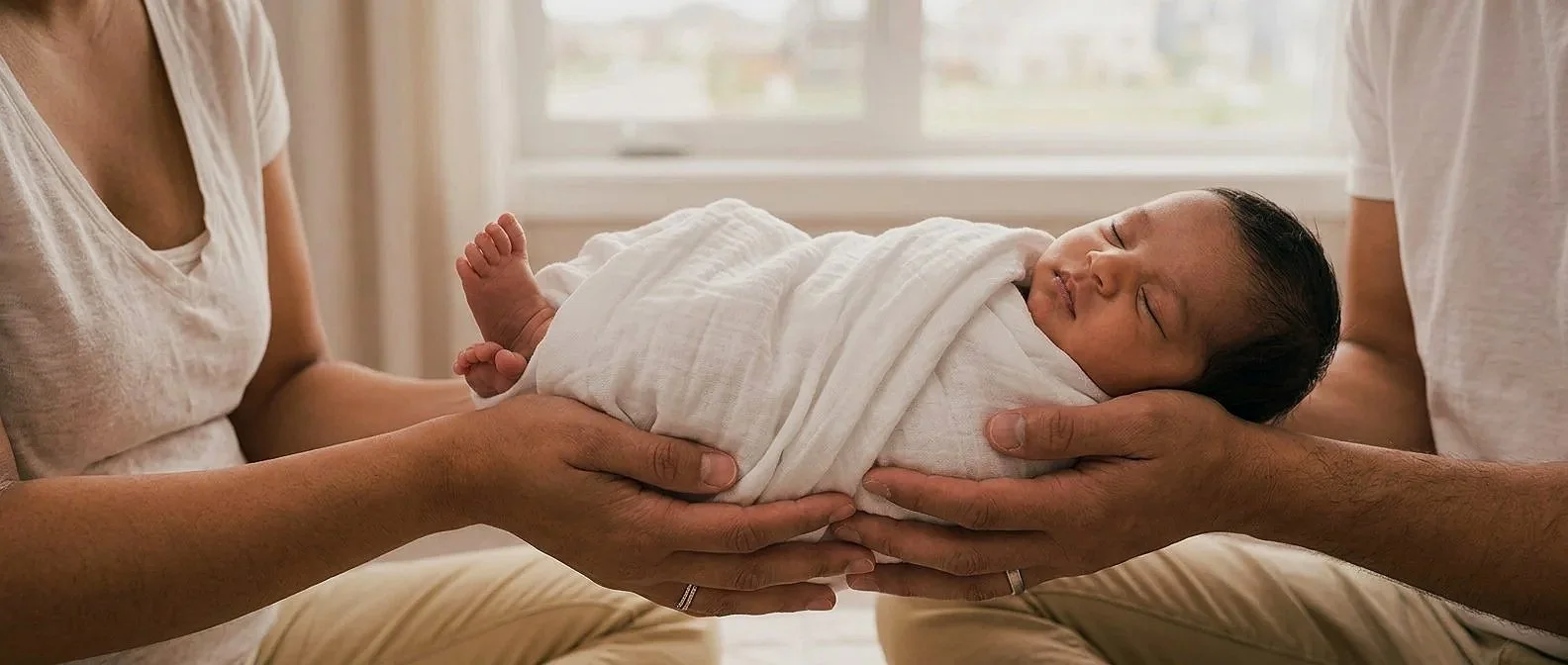 A newborn baby wrapped in a white blanket, held by two adults, likely parents, in a room with a window in the background.