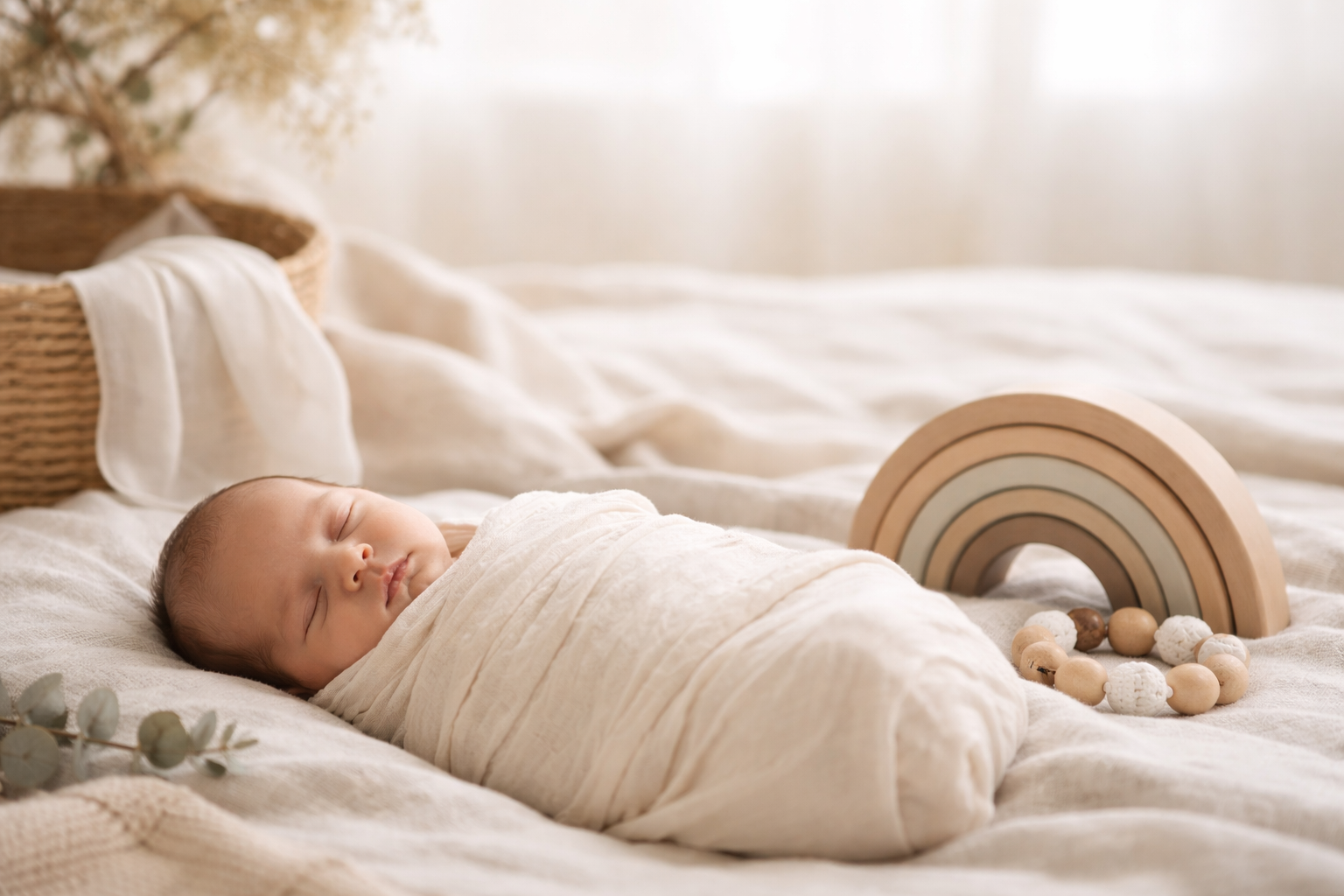 A sleeping baby wrapped in a blanket on a bed with neutral-colored bedding, next to a wooden rainbow toy and a beaded garland, in a softly lit room.