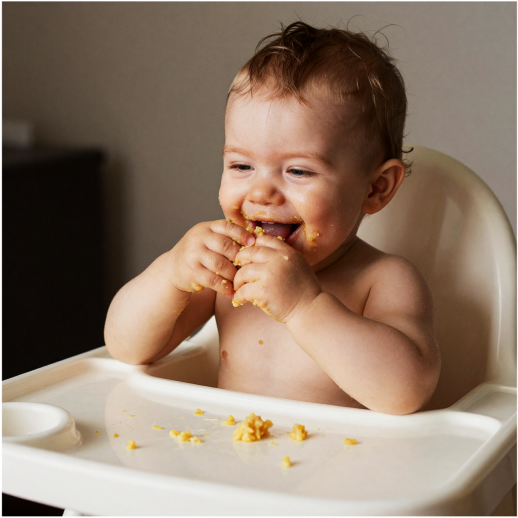 A young child with messy face and hands, sitting in a high chair, eating food and smiling.