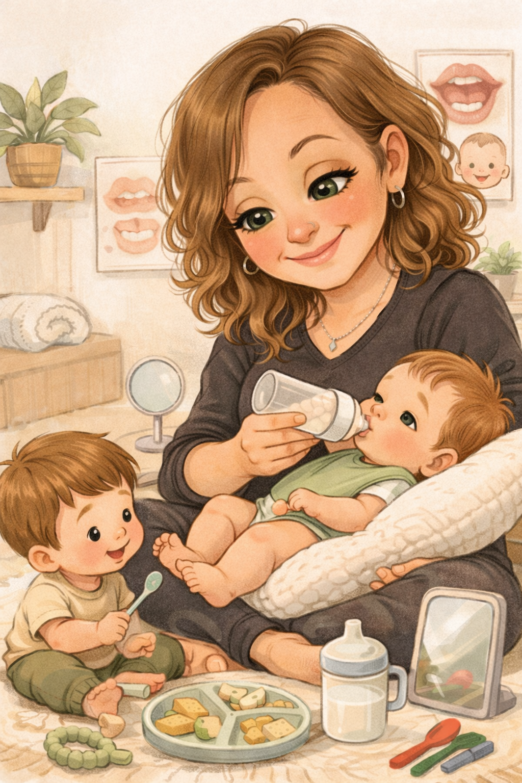 Illustration of a woman feeding a baby with a bottle while a toddler sits on the floor with a spoon. The room has baby-related decor, a mirror, and a feeding tray with snacks.