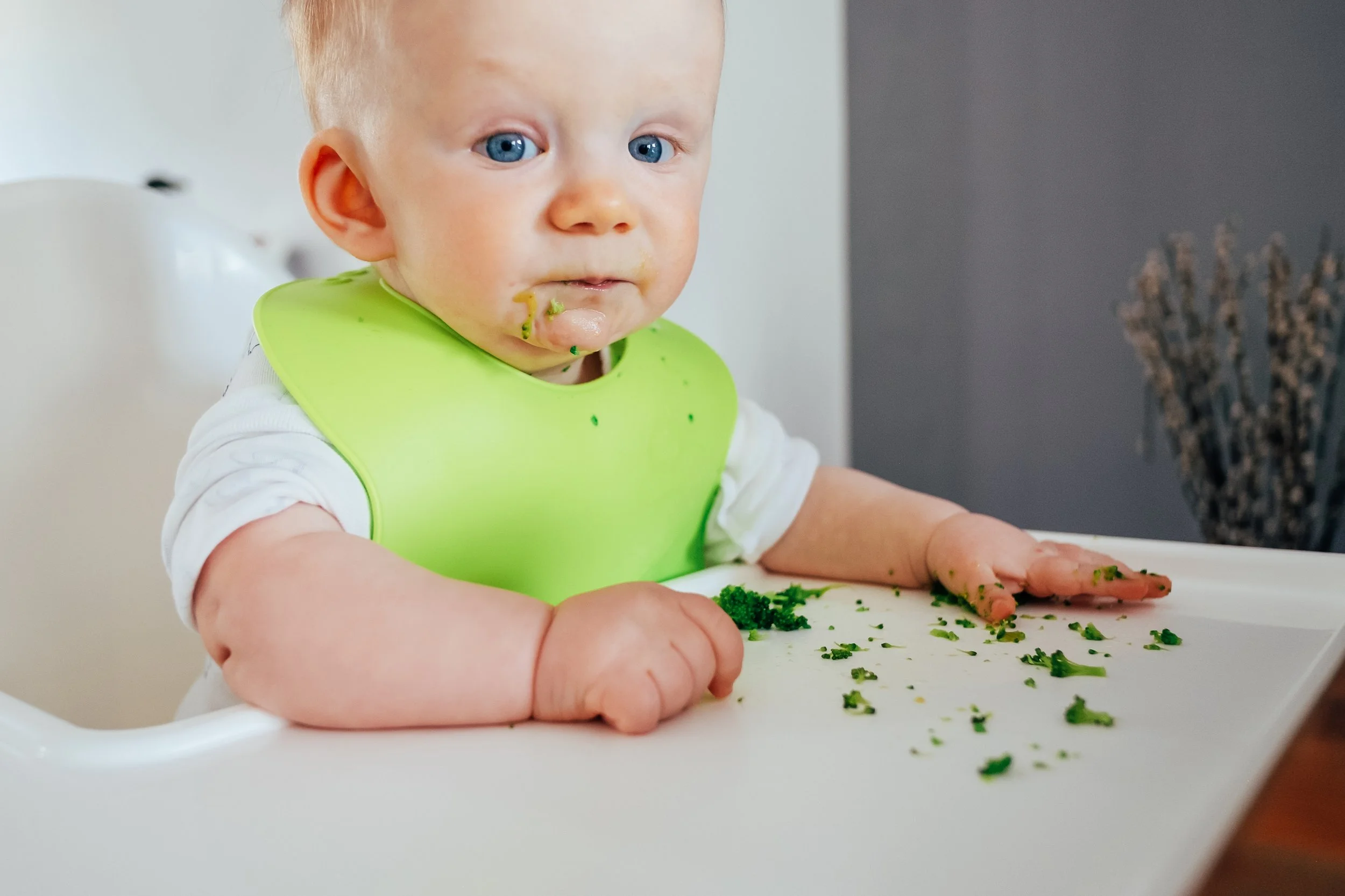 A young child with blue eyes sitting in a high chair wearing a green bib, eating chopped green vegetables and has some food around their mouth and on the high chair tray.
