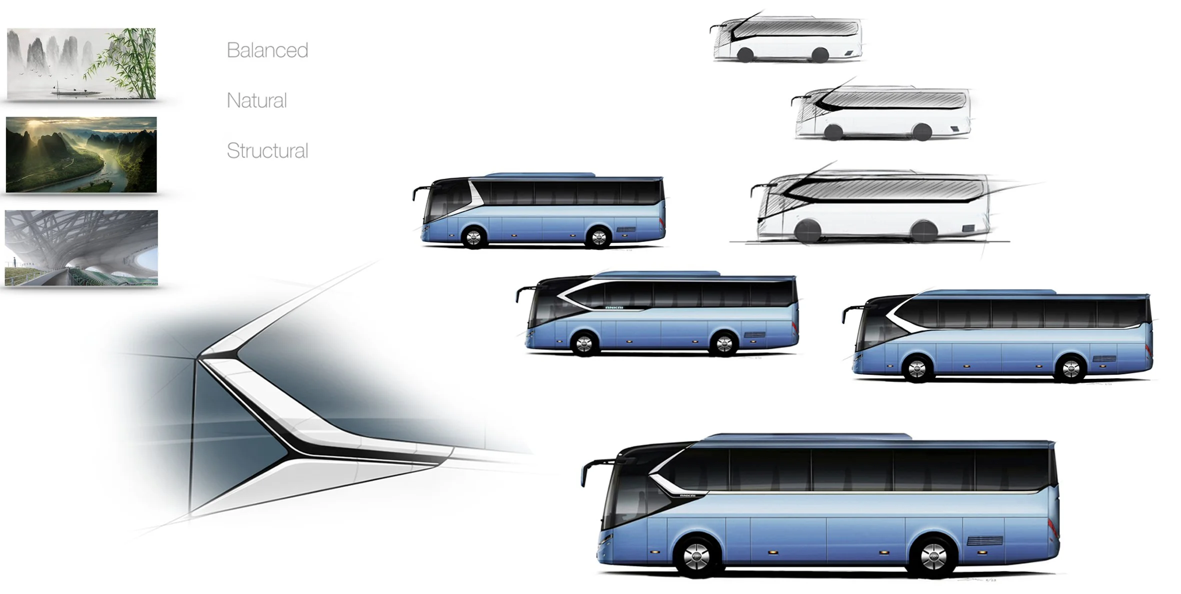 Ankai N12E Exterior design sketches of a modern, blue, eco-friendly bus with rooftop solar panels, showcasing different angles and structural variations by Dubiel Design Ltd.