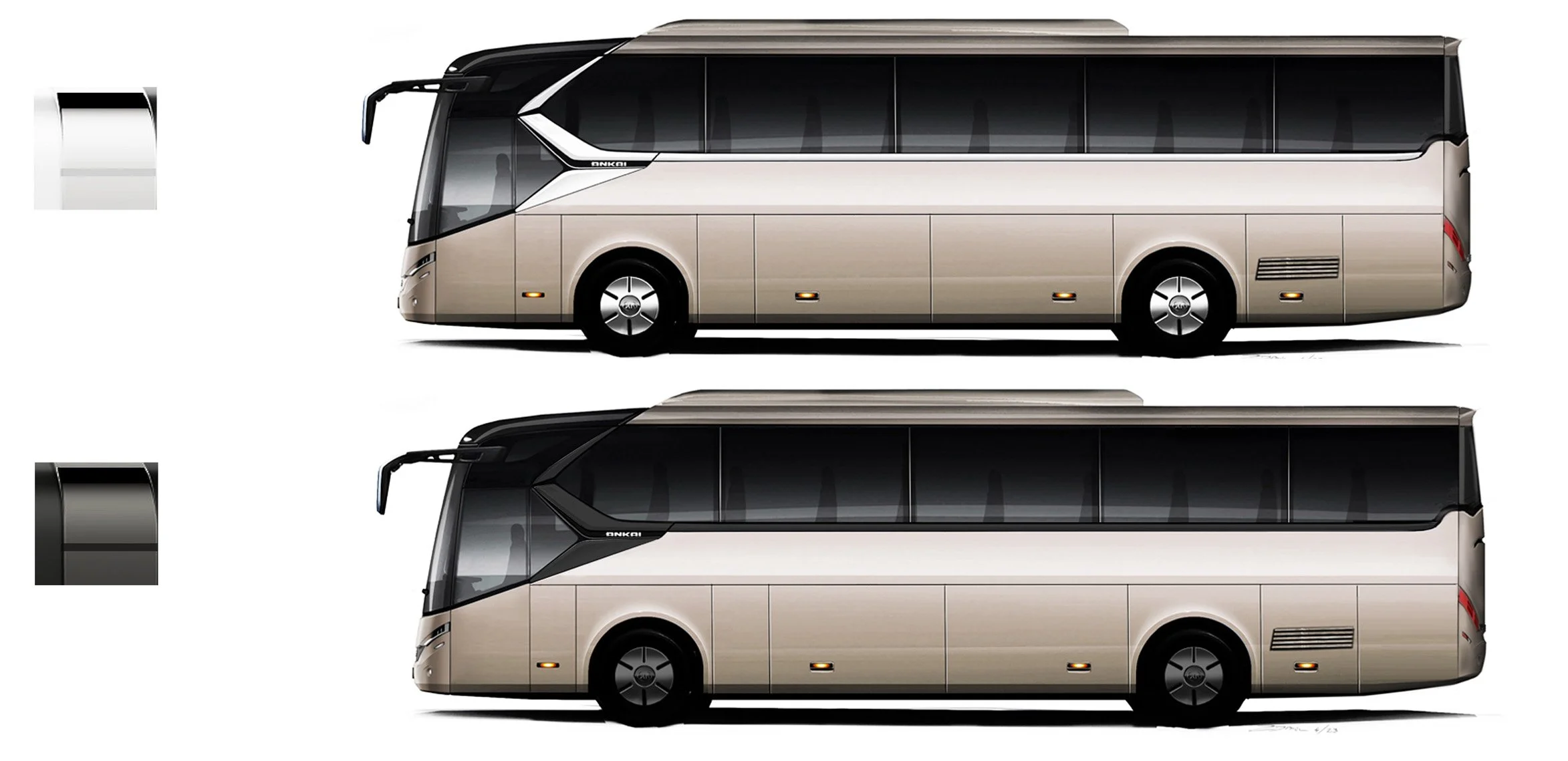 Ankai N12E electric coach exterior design Comparison of two modern, beige-colored buses shown from the side by Dubiel Design Ltd.