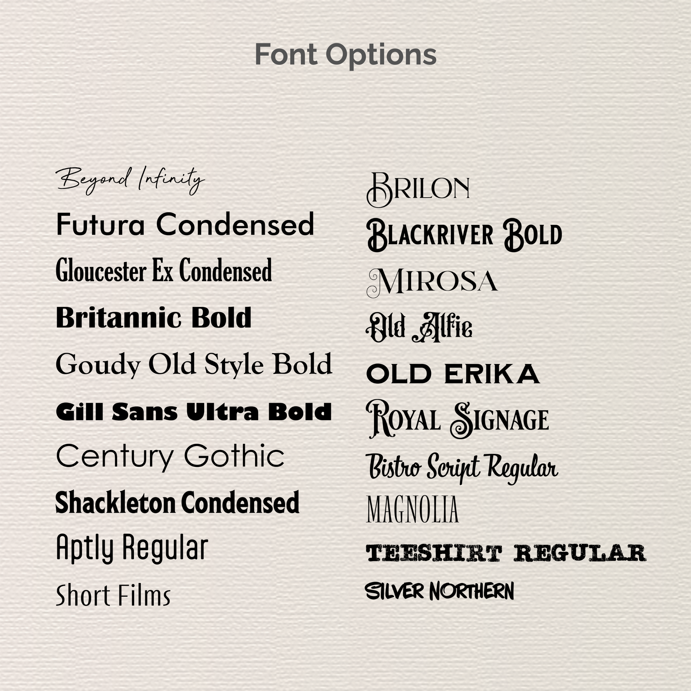 List of font options for the personalization text on top of a notepad. Fonts range from class serif to script and bold monospace.