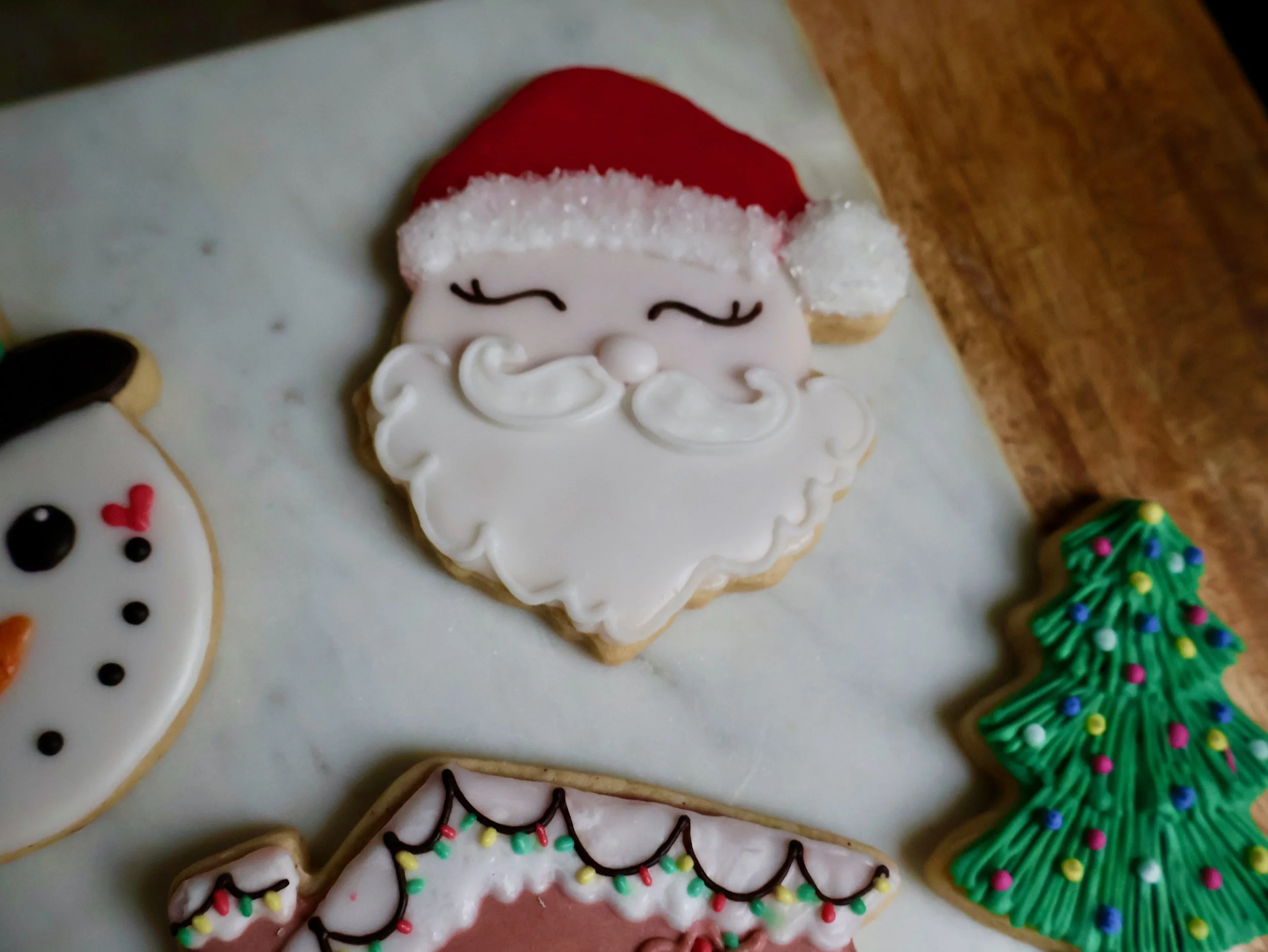 Christmas-themed decorated cookies, including a Santa face with a red hat and white beard, a snowman with black eyes and nose, a decorated Christmas tree, and a gingerbread house with colorful icing.