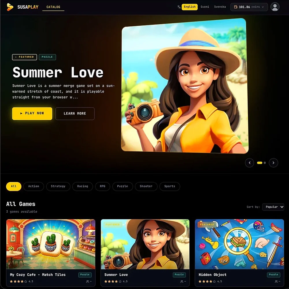 The SusaPlay website: Summer Love featured, with the game catalog below
