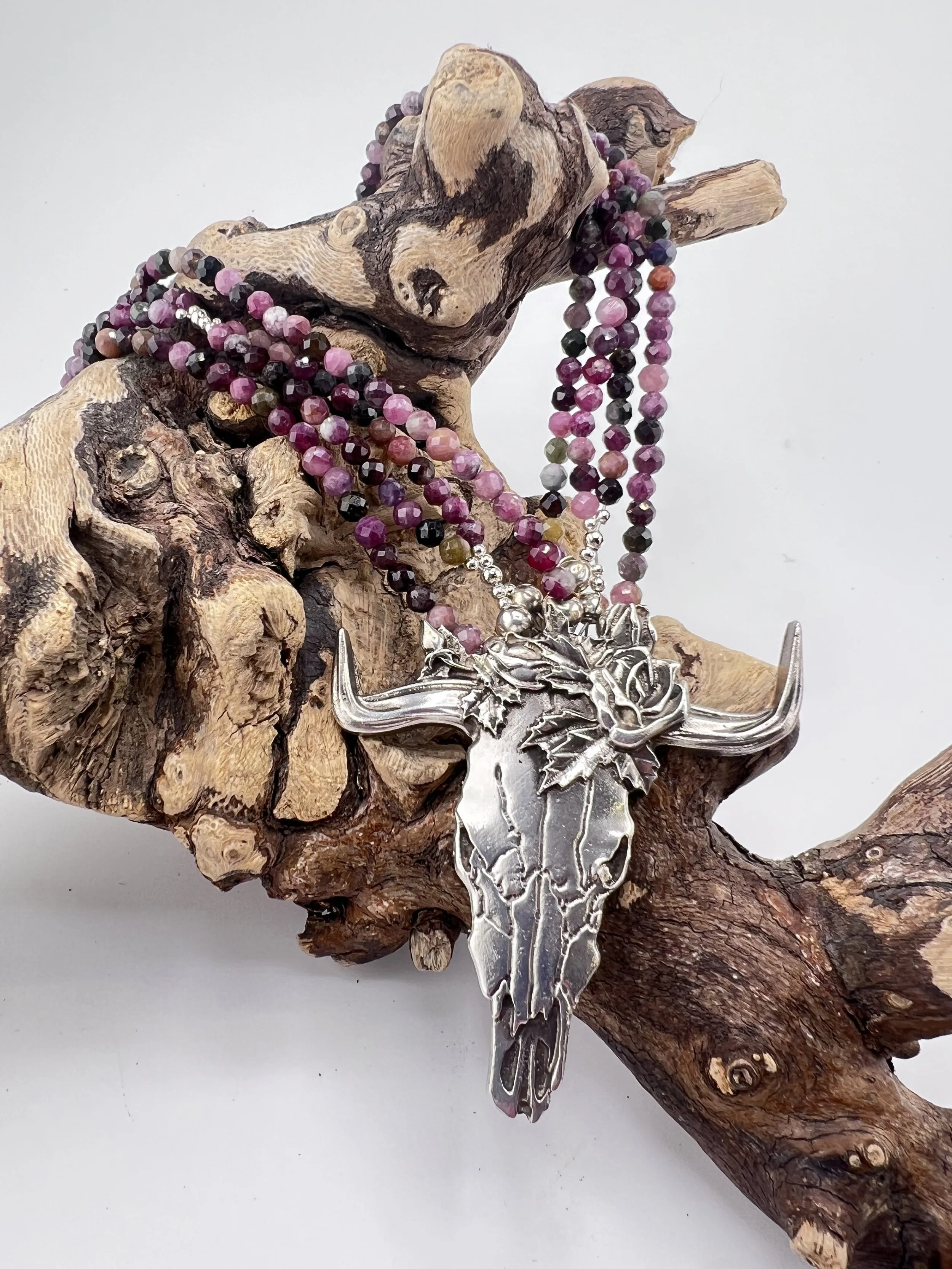 Solid cast, fine silver, Cow Skull Necklace with Faceted Tourmaline Beads Strands 