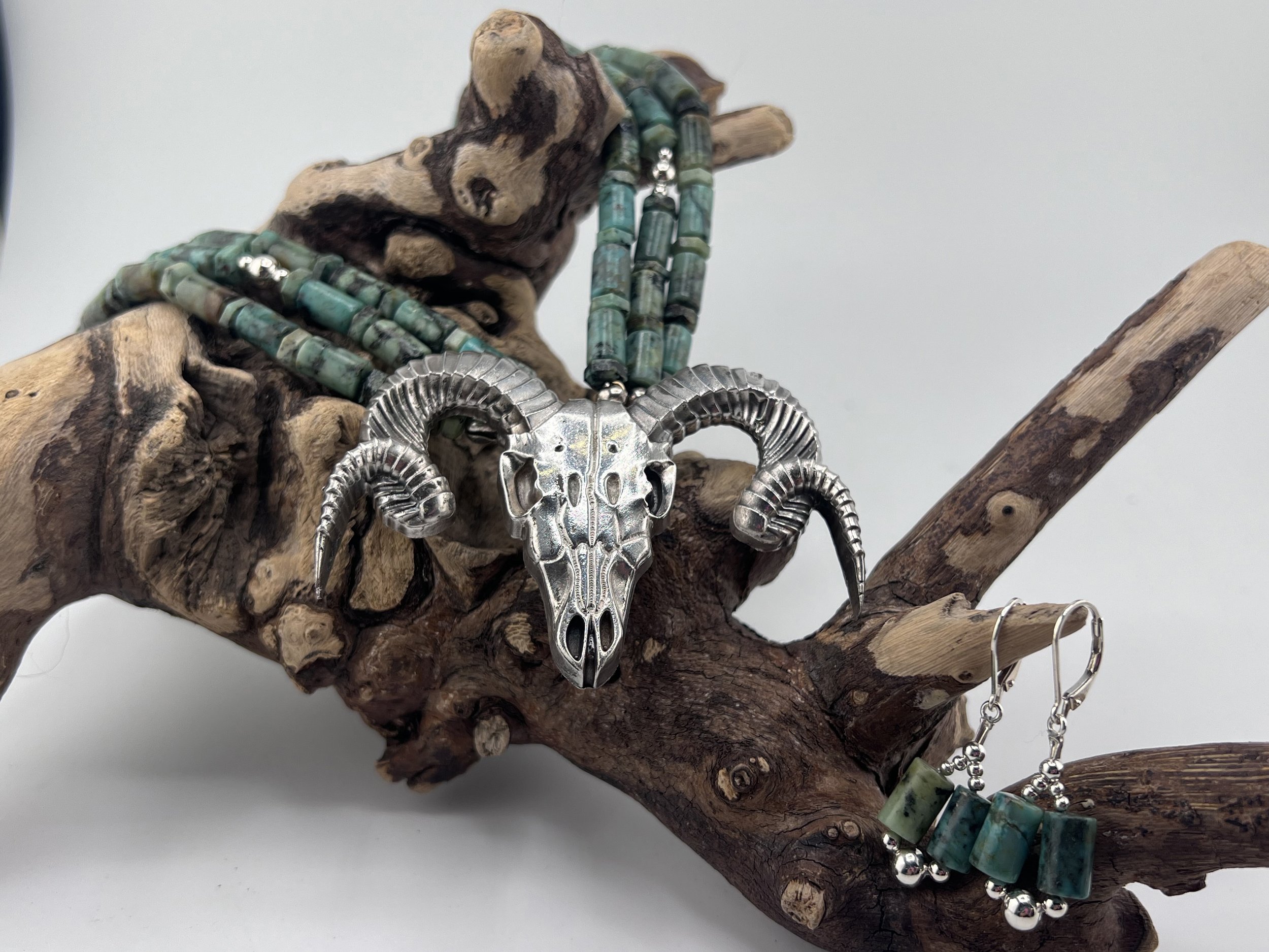 Solid, cast, fine silver Ram Skull necklace -multi, turquoise beaded strands with matching earrings